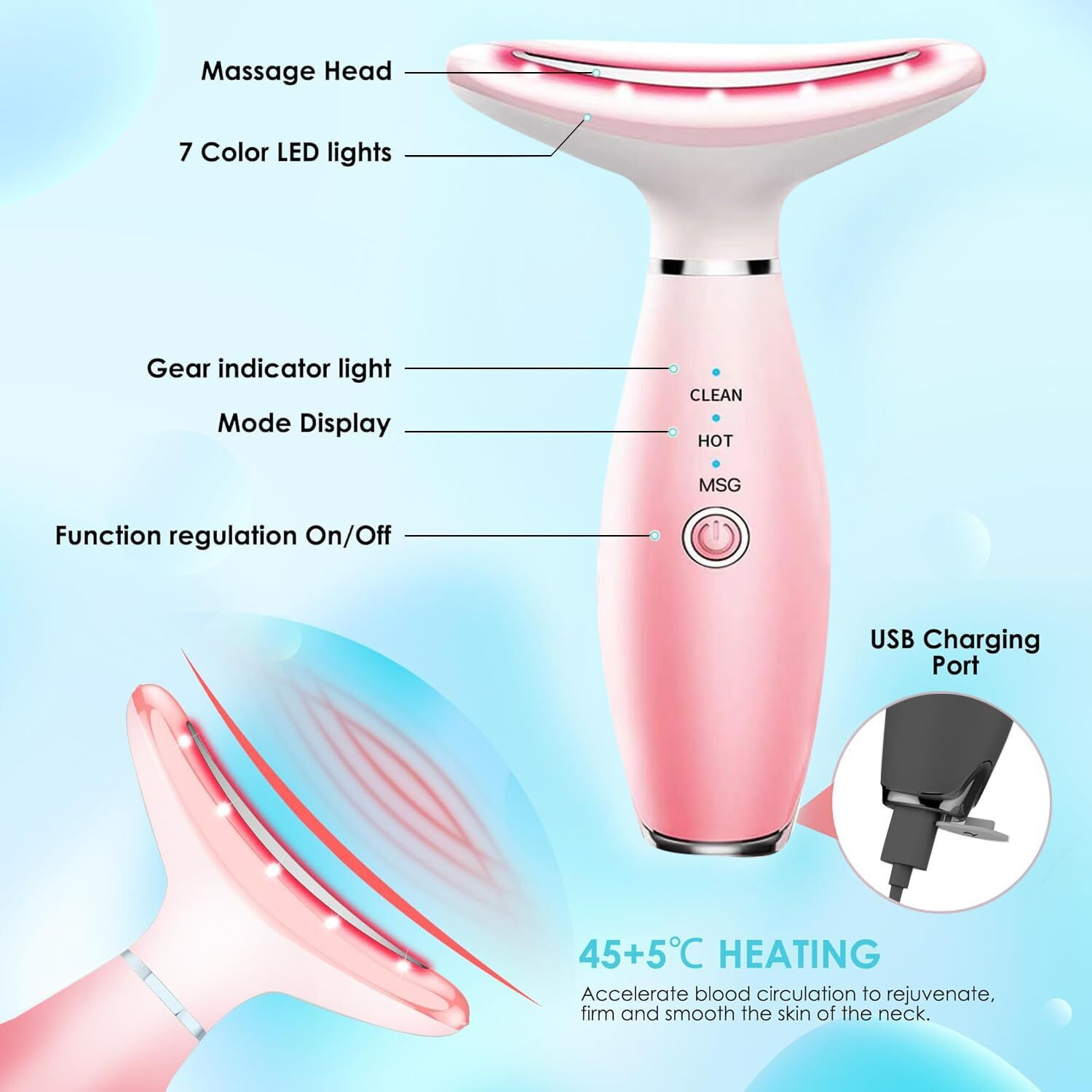Tlinna Face Massager -7 Color Red-Light-Therapy For Face And Neck For Wrinkles, Double Chin, Vibrating Facial Massager With Thermals (Pink)