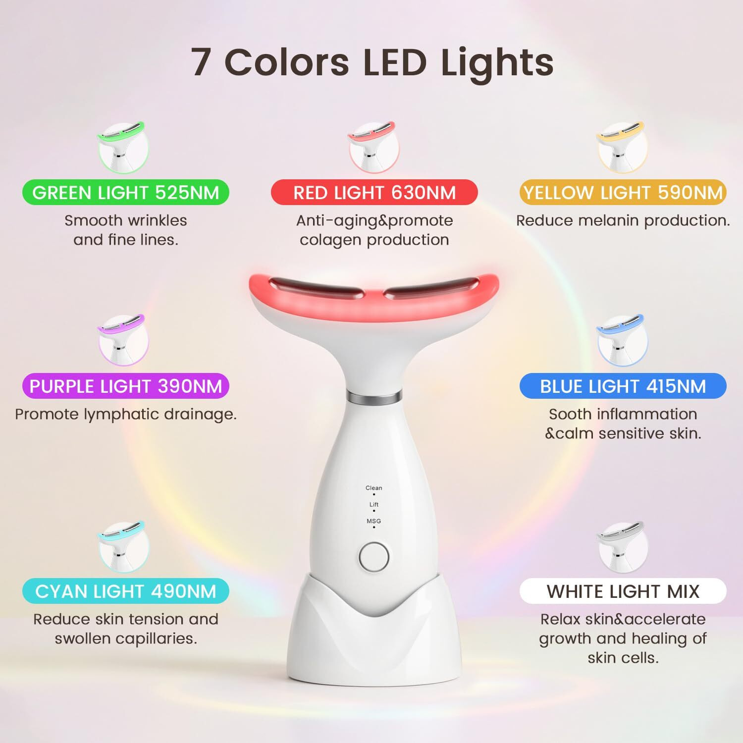 Facial And Neck Massager,7 Color Led Light Therapy For Face,Face Lift Device,Beauty Face Massager Tools For Skin Care (White)