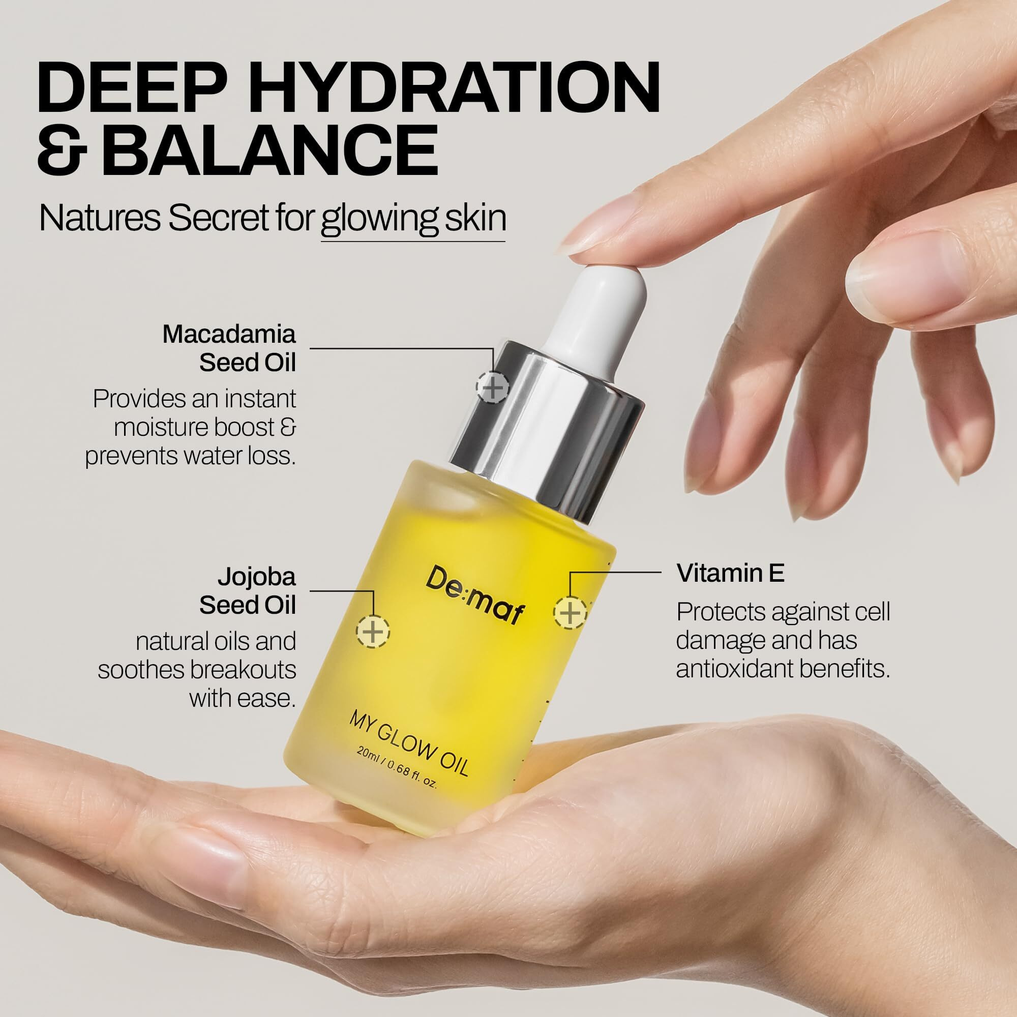 DeMaf My Glow Oil - 100% Natural Face Oil For Sensitive & Oily Skin, Hydrating & Non-Comedogenic With Jojoba, Macadamia & Vitamin E - Lightweight Facial Oil For Dry Skin