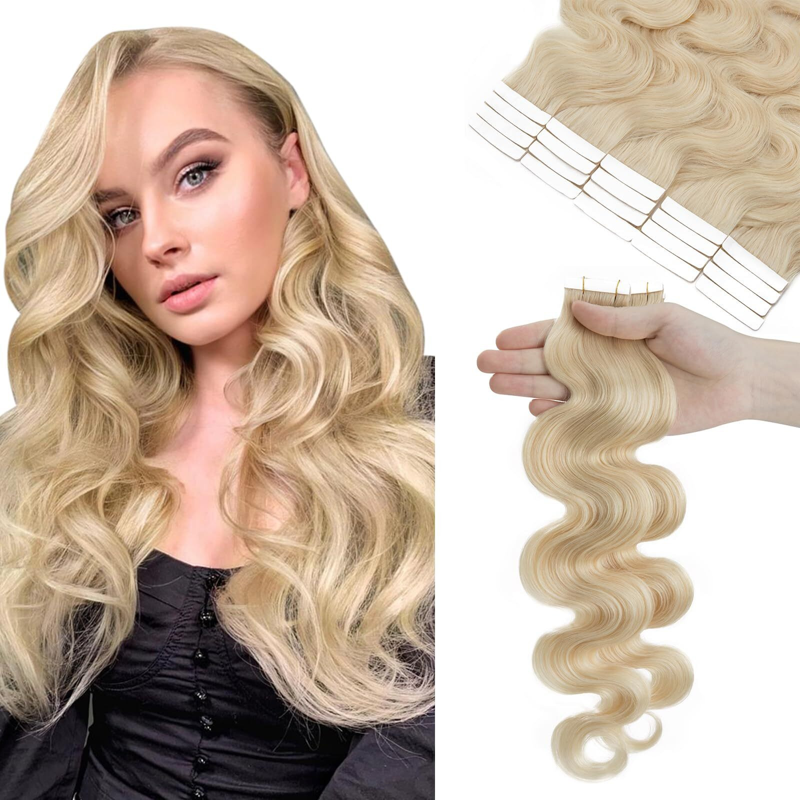 Hairro 22 Inch Tape In Human Hair Extensions Wavy Thin Long Hair 50G 20Pcs/Pack Seamless Skin Weft Glue In Body Wave Human Hairpieces With Invisible Double Sided Tape 60 Platinum Blonde