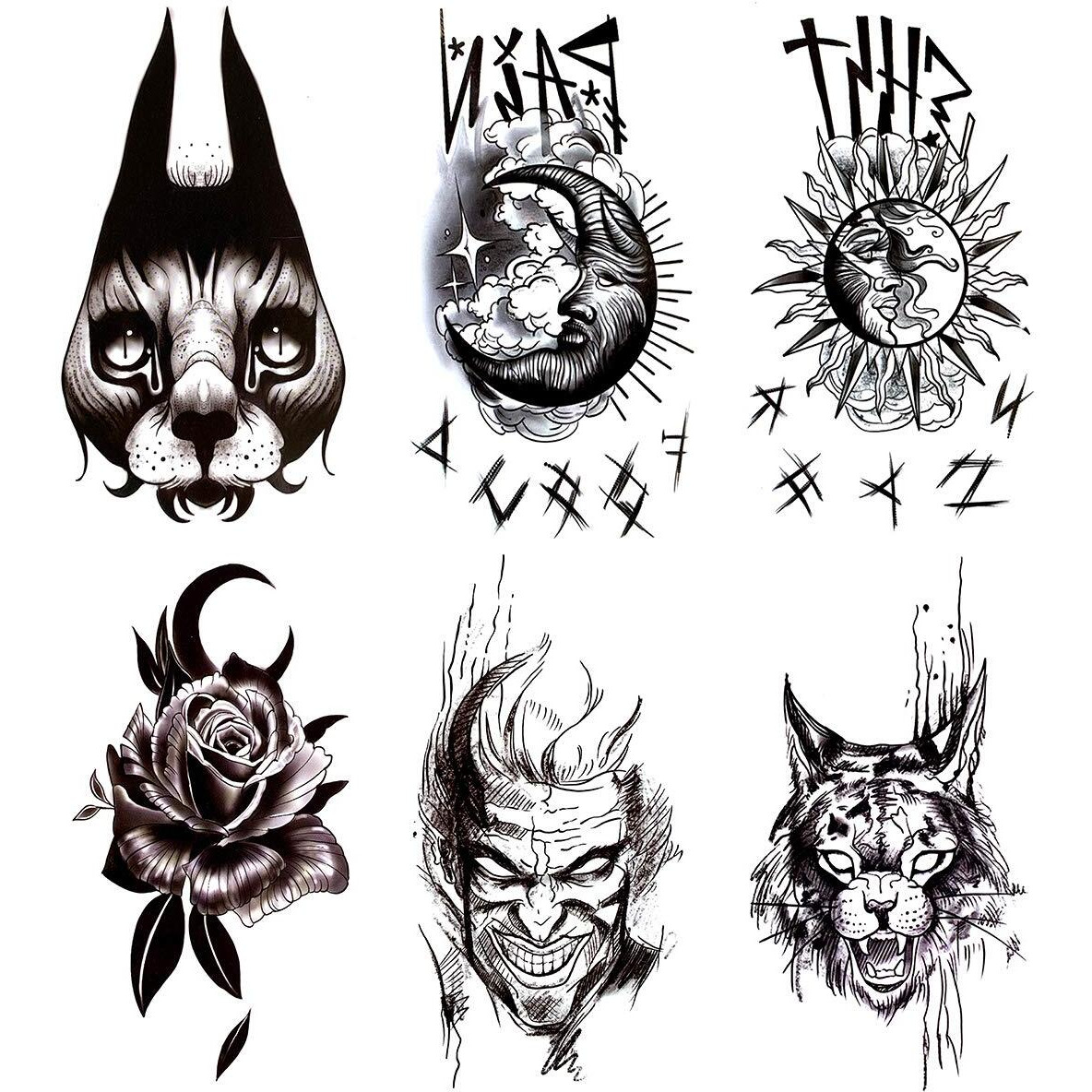 Oottati Waterproof 6 Sheets Back Of Hand Fake Temporary Tattoo Stickers - Black Gothic Finger Letter Moon Sun Totem Clown Cat Horro Flower