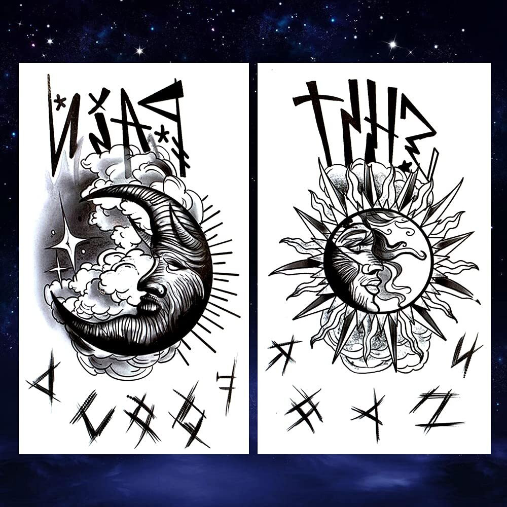 Oottati Waterproof 6 Sheets Back Of Hand Fake Temporary Tattoo Stickers - Black Gothic Finger Letter Moon Sun Totem Clown Cat Horro Flower
