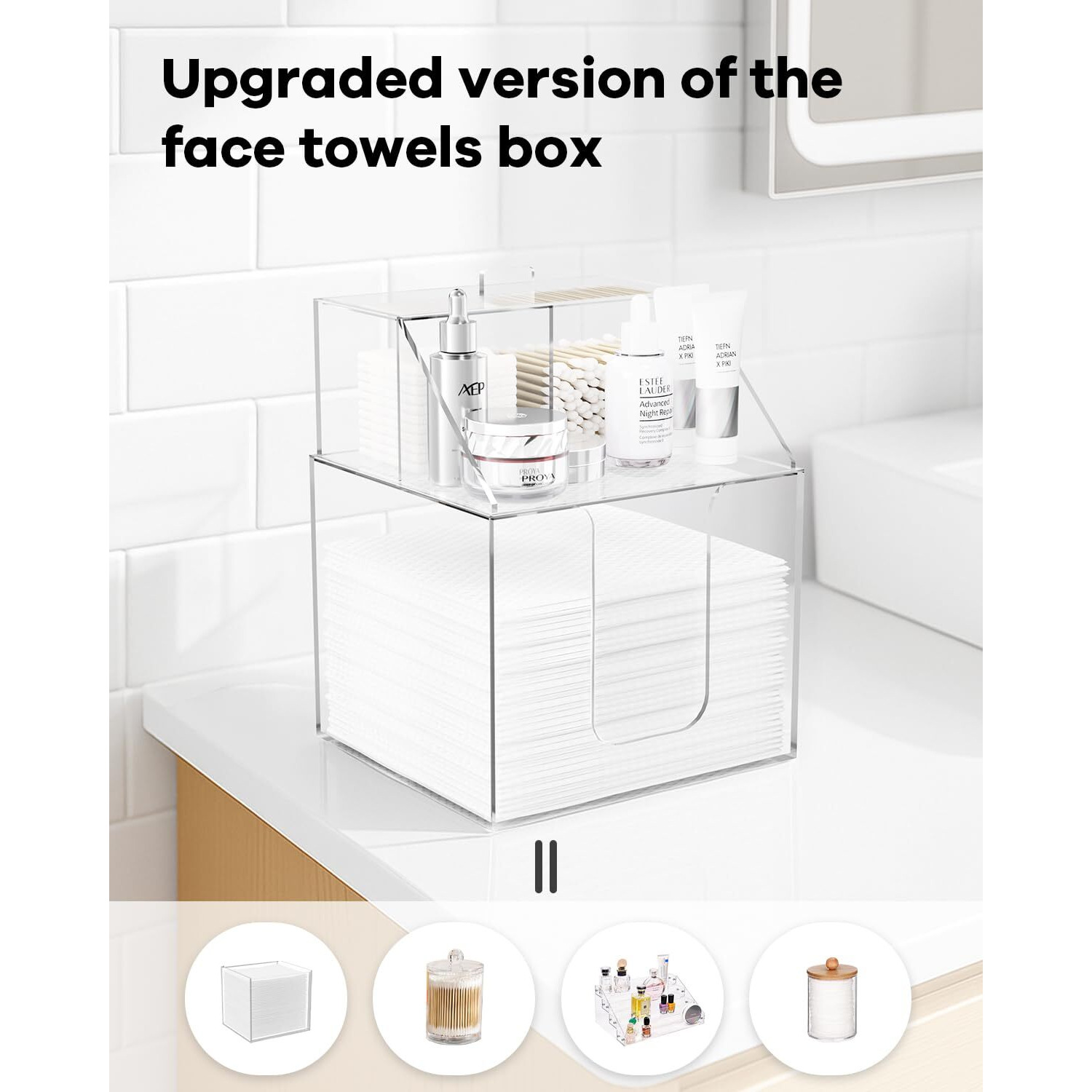 Tainess Disposable Facial Towels Storage Box Compatible With Clean Skin Club Clean Towel Xl - Cotton Pads - Swabs Upgraded Double Layer Acrylic Storage Container Face Towel Holder (Glossy Clear)
