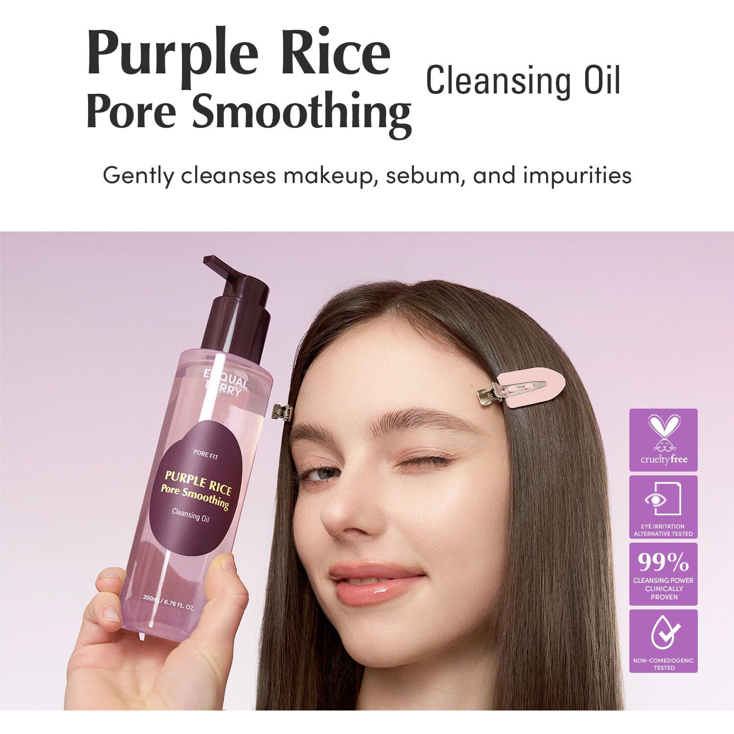 Eqqualberry Purple Rice Pore Smoothing Cleansing Oil - Deep Cleansing For Pores & Blackheads | Korean Oil Cleanser For Face & Makeup Remover | Hydrating & Soothing Formula, 6.76 Fl.Oz