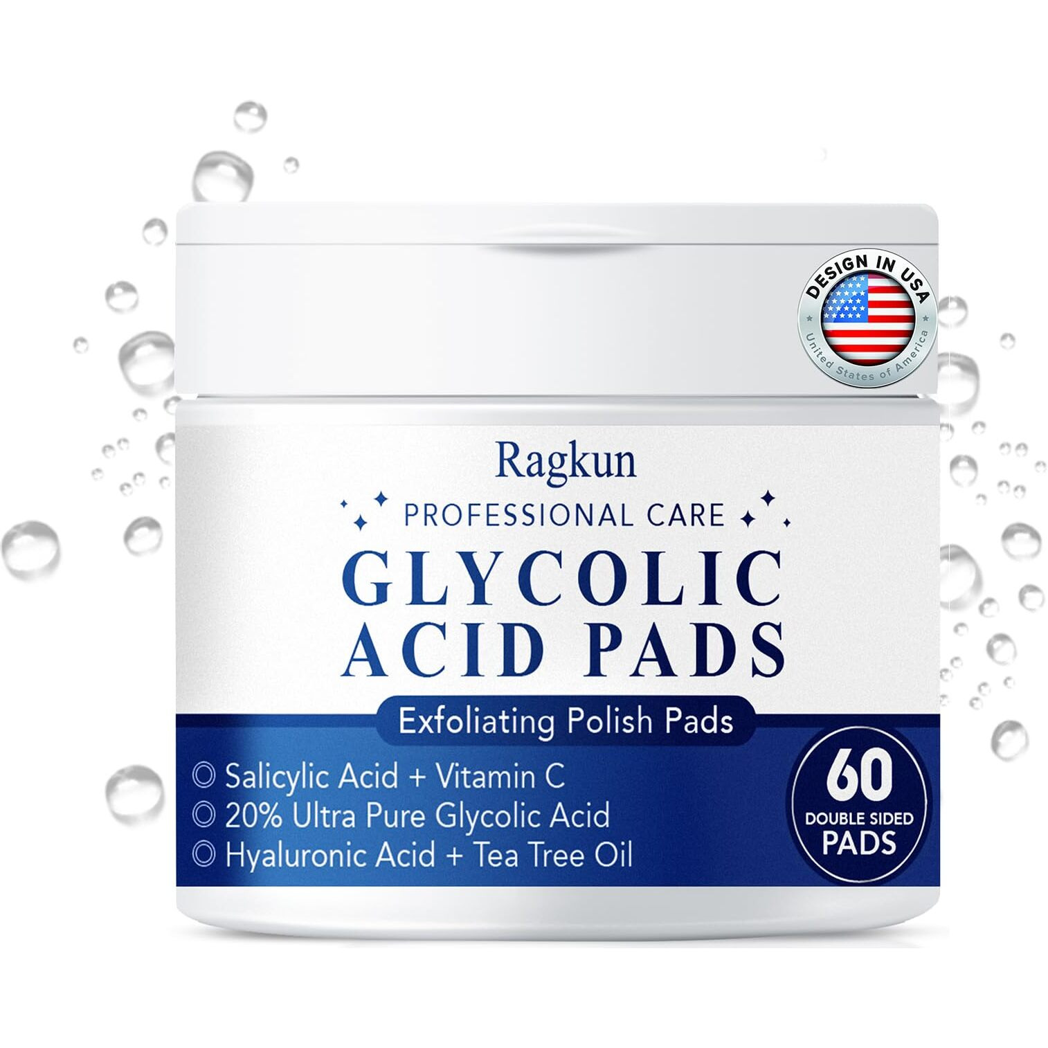 Ragkun Exfoliating Pads - Glycolic Acid 20% Toner Pads For Facial Radiance With Salicylic Acid And Vitamins B5, C & E, Dual Action Gentle Face Pad With Deep Cleaning Effect 60 Count