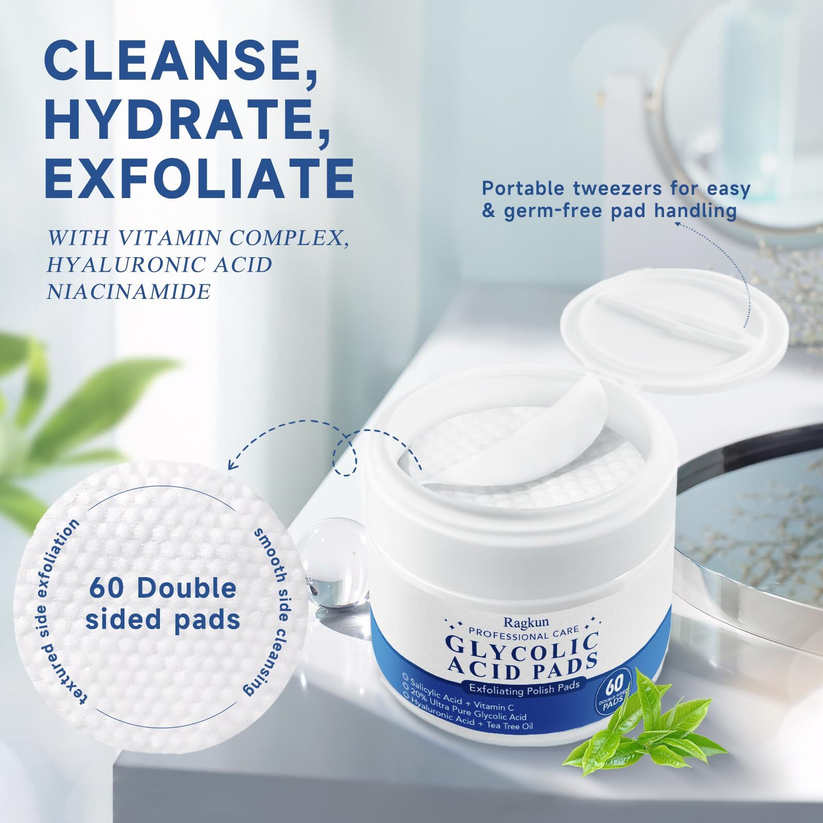 Ragkun Exfoliating Pads - Glycolic Acid 20% Toner Pads For Facial Radiance With Salicylic Acid And Vitamins B5, C & E, Dual Action Gentle Face Pad With Deep Cleaning Effect 60 Count