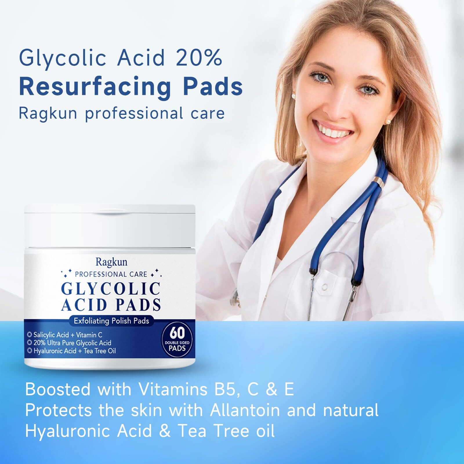 Ragkun Exfoliating Pads - Glycolic Acid 20% Toner Pads For Facial Radiance With Salicylic Acid And Vitamins B5, C & E, Dual Action Gentle Face Pad With Deep Cleaning Effect 60 Count