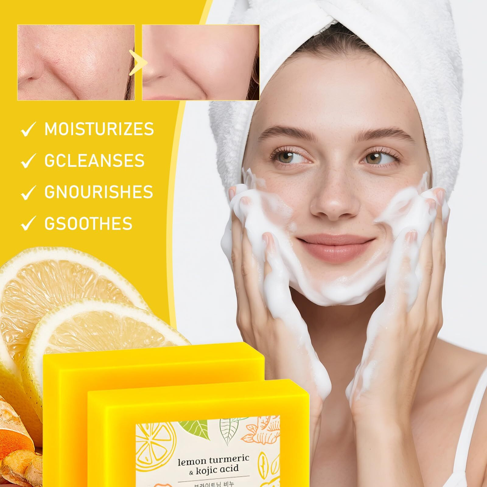 Qiuumey Scentric Glow Turmeric Soap, Lemon Turmeric Kojic Soaps, Natural Handmade Bar Moisturizing & Soothing Gentle Cleanser Soaps For Men & Women(3Pcs)
