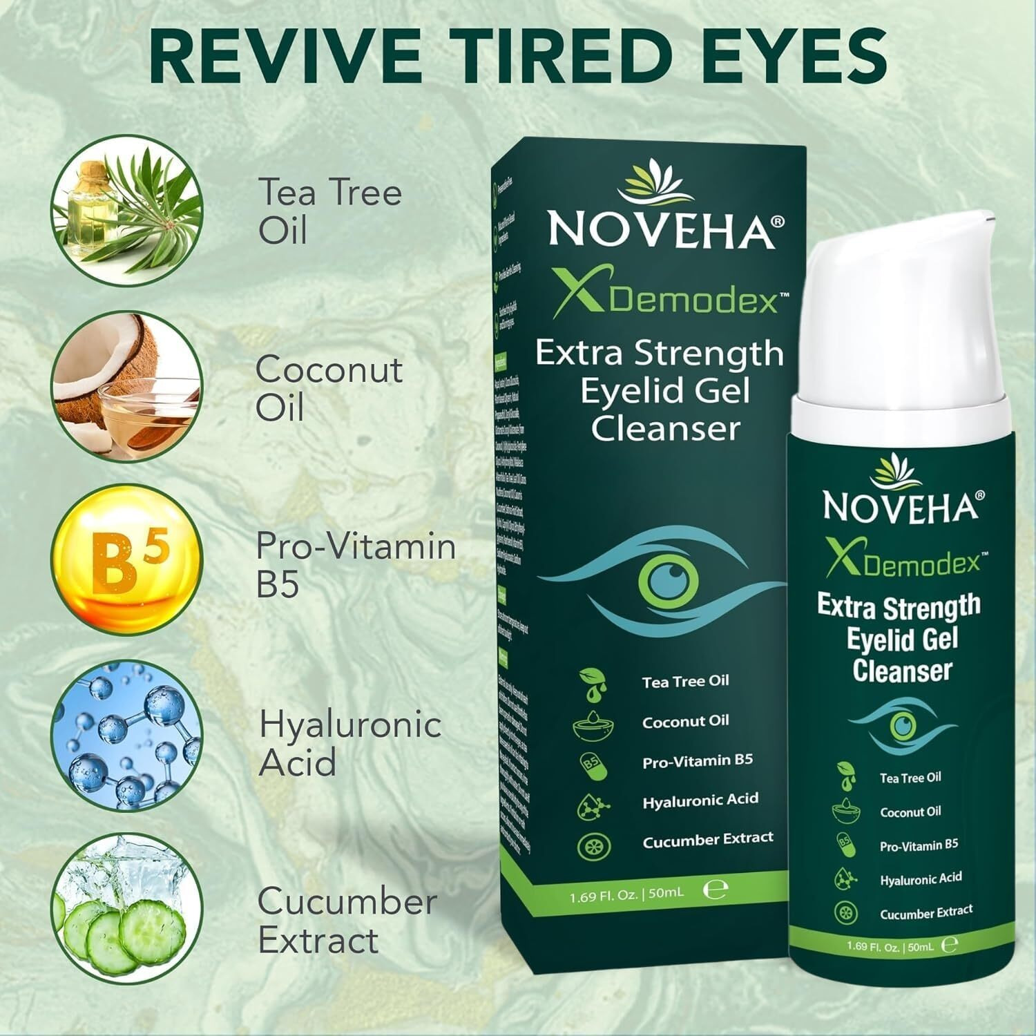 Noveha Demodex Extra Strength Eyelid Gel Cleanser - For Demodex, Mgd And Dry Eye With Pro-Vitamin B5, Tea Tree Oil, And Hyaluronic Acid - Gentle Cleansing, Soothes Itchy Eyelid - 50Ml (3 Pack)