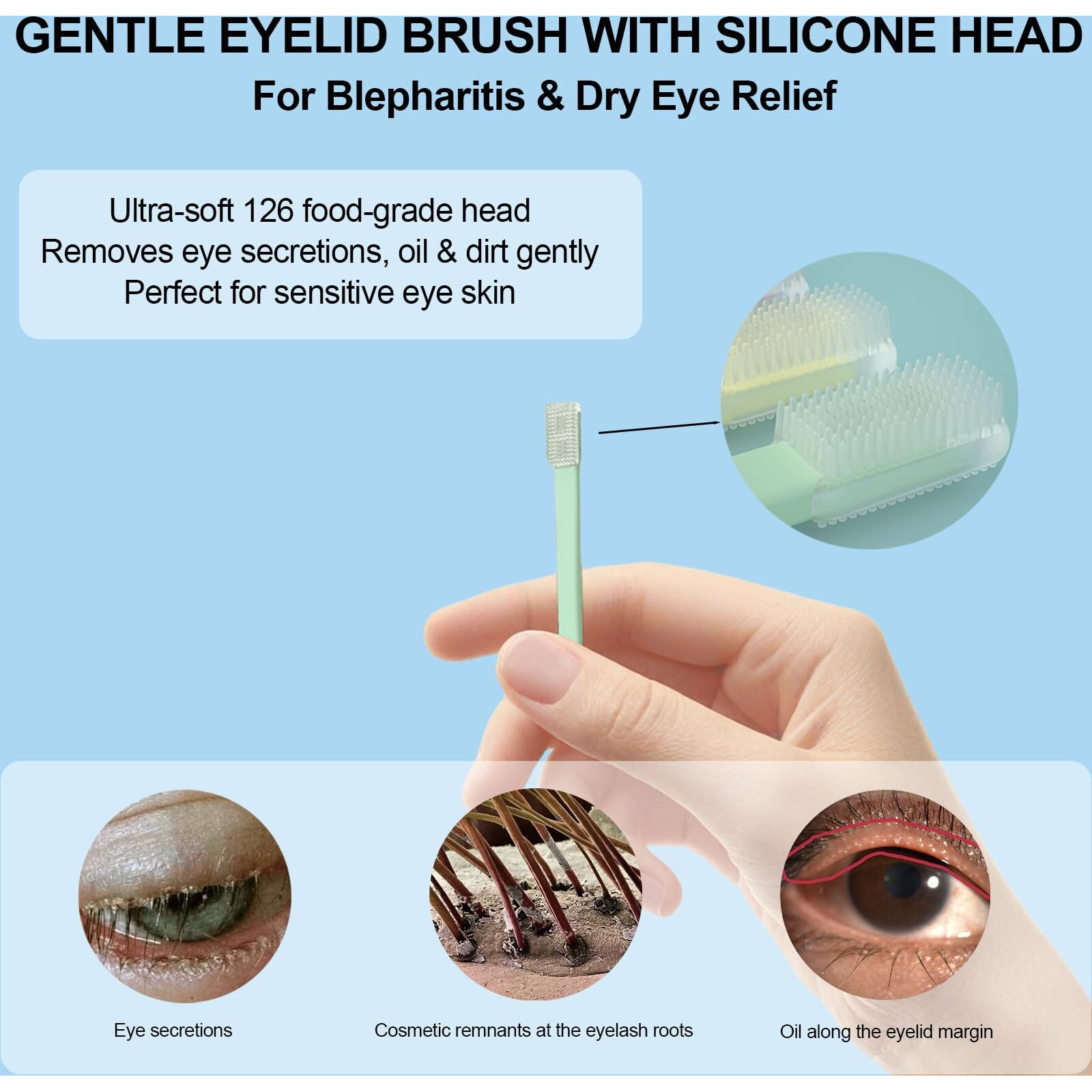 Lizich Eyelid Brush With Soft Silicone For Sensitive Eyelids,Dry Brush Gently Cleans Eyelid Margins,Removes Dirt,Oil.Blepharitis,Mgd And Dry Eyes Relief,Lid Scrubbing Device,Eyelid Cleanser Partner