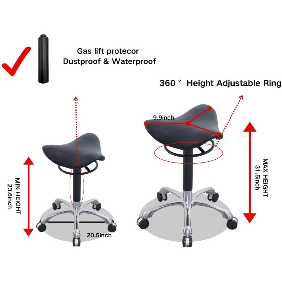 Mwosen 3 Angles Saddle Stool Chair Ergonomic Rolling Seat For Salon, Tattoo Shop, Spa, Facial Lash Home, Esthetician Height Adjustable Chair For Healthy Posture And Sustainable,Black