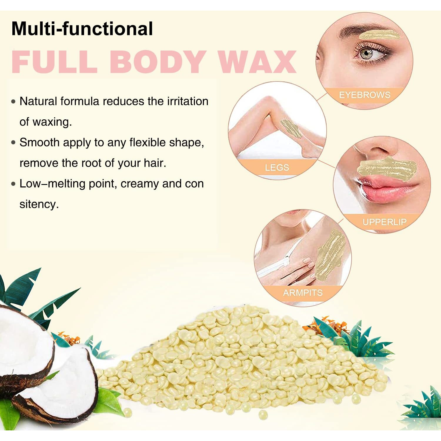 Hard Wax Beads For Sensitive Skin Hair Removal, 1.1Lb Painless Pearl Waxing Beans With 20 Spatulas For Bikini, Eyebrow, And Facial At-Home Waxing For Women And Men (Cream)