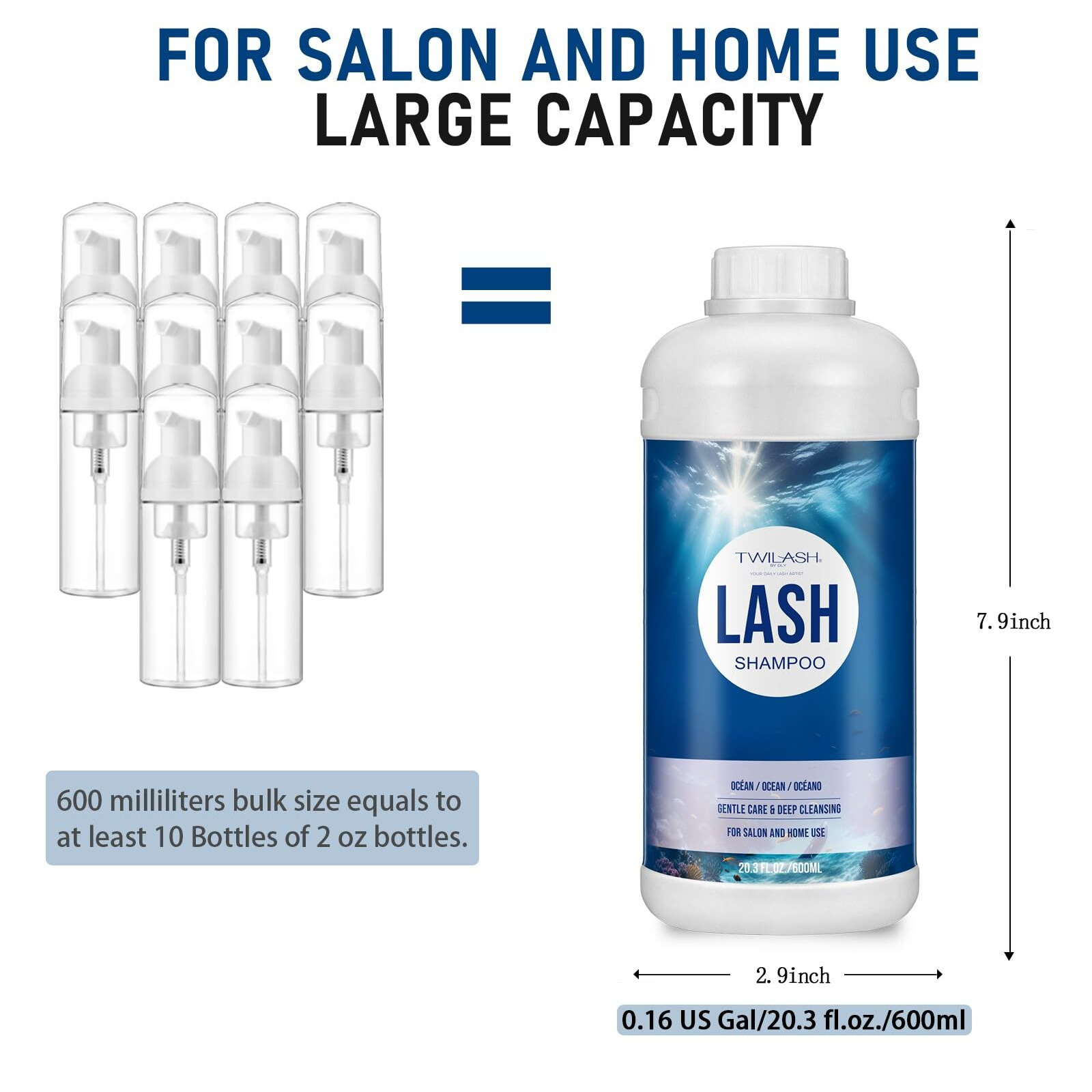 600Ml Lash Shampoo Bulk, Eyelash Extensions Cleanser For Extensions, Safe Makeup Remover, Non-Irritating Or Burning Formula Eyelid Foaming Cleanser Best For Professional Salon And Home Use (Ocean)