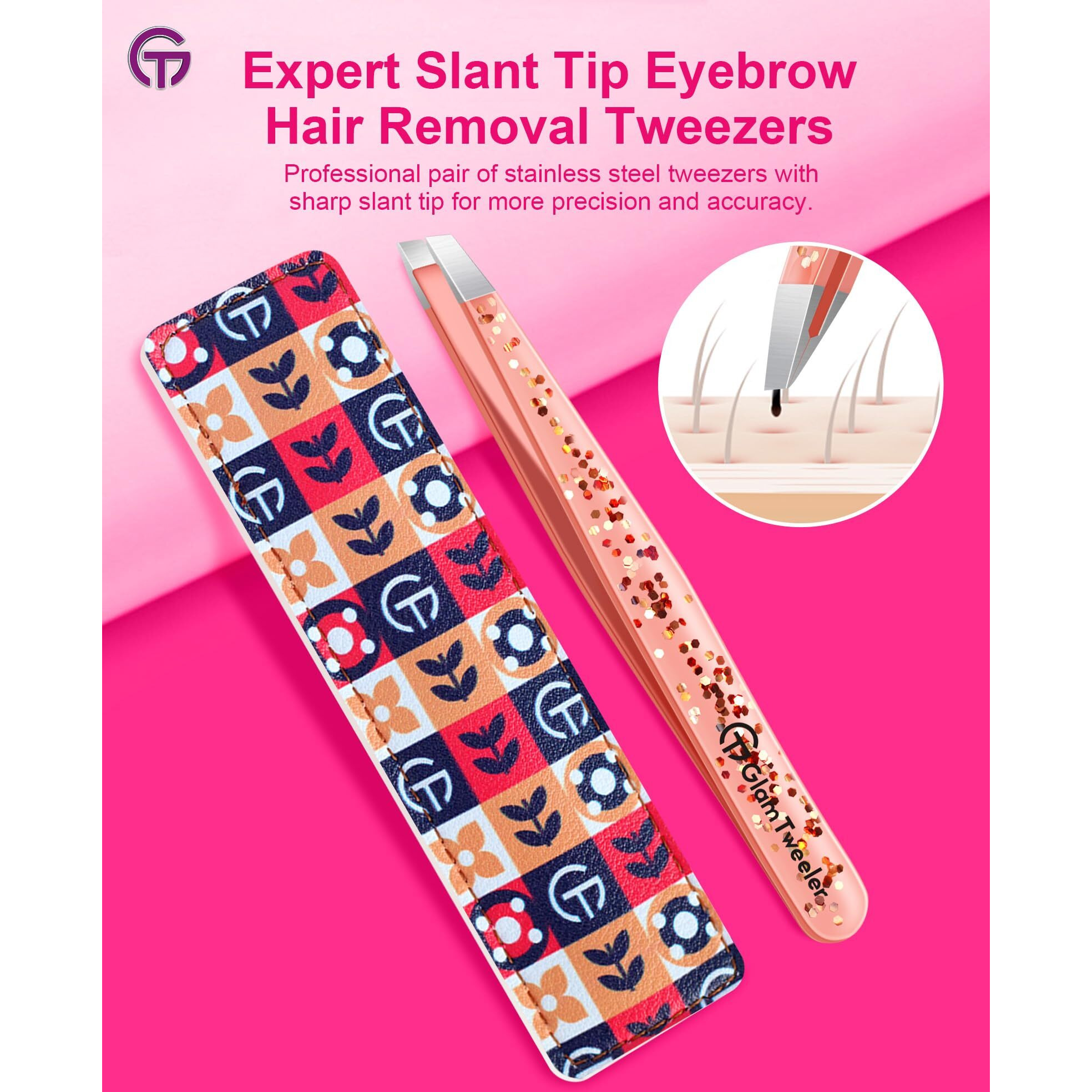Expert Slant Tip Tweezers With Leather Case, Glamtweeler Sharp & Precision Stainless Steel Tweezer For Eyebrows, Facial Hair And Fine Hairs Removal (Glitter Rose Gold)
