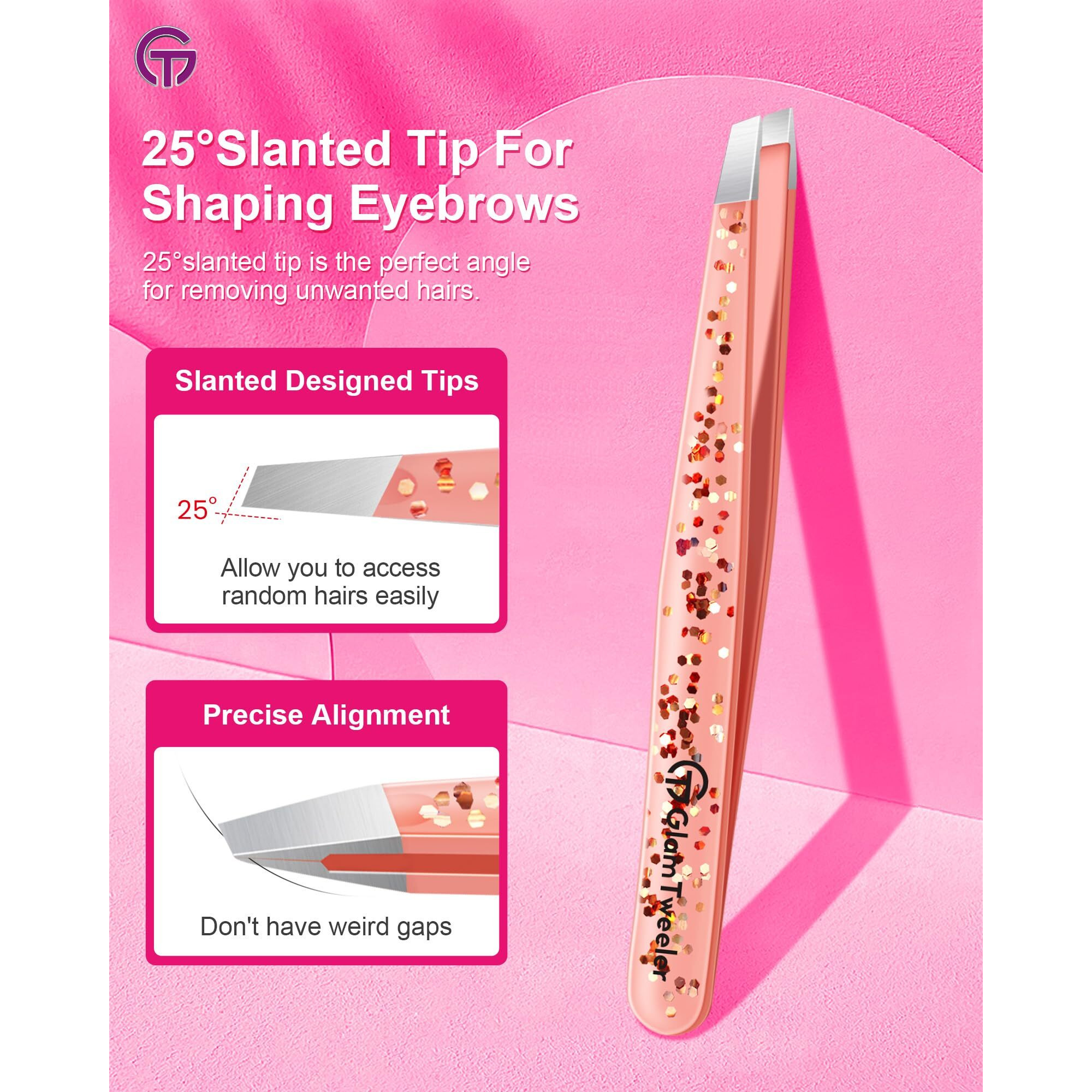 Expert Slant Tip Tweezers With Leather Case, Glamtweeler Sharp & Precision Stainless Steel Tweezer For Eyebrows, Facial Hair And Fine Hairs Removal (Glitter Rose Gold)