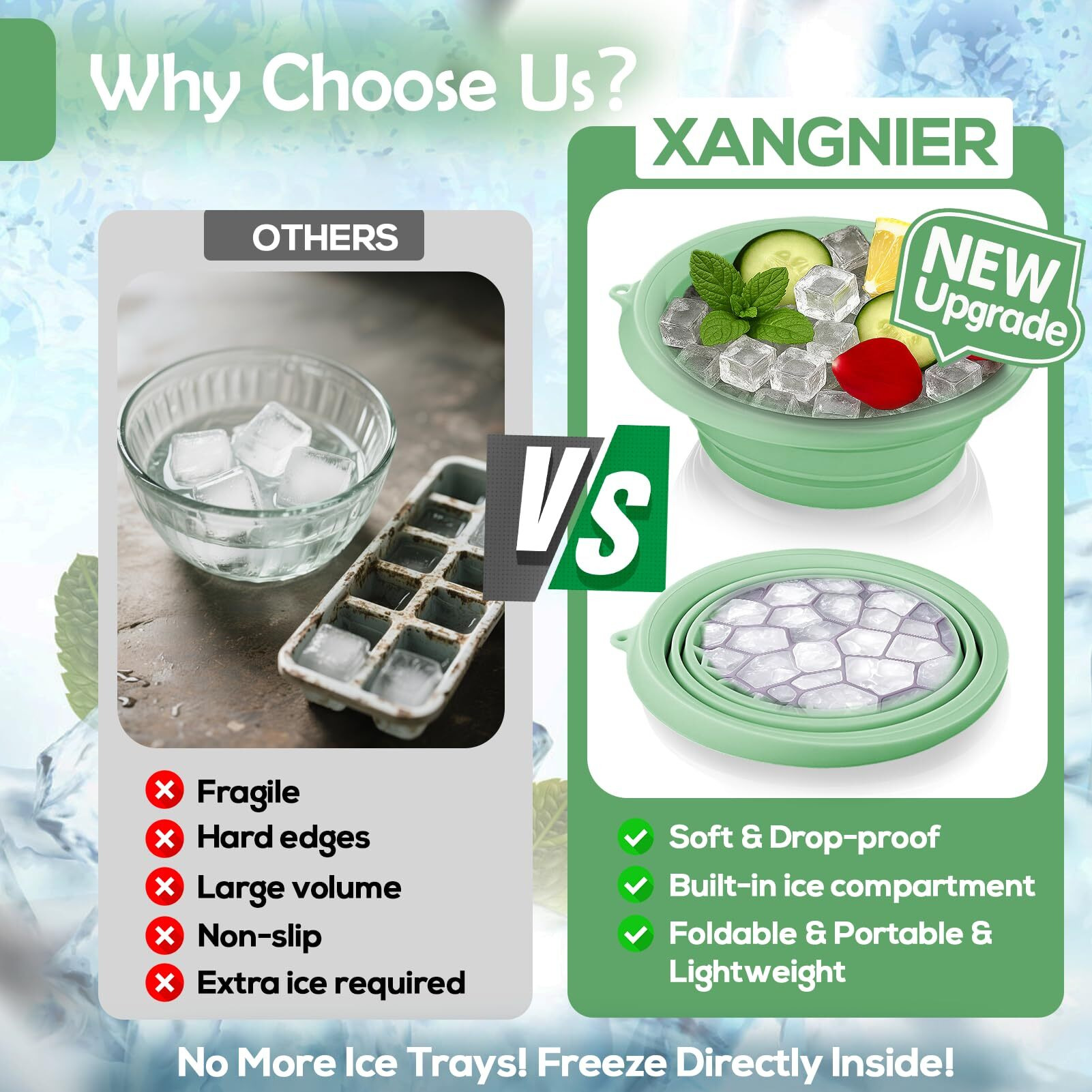 Xangnier Face Bowl For Ice With Built-In Ice Tray - Collapsible Silicone Facial Ice Bath Bowl For Cold Plunge Therapy, Skin Tightening & Acne Relief - Green Portable Spa Tool For Home & Travel