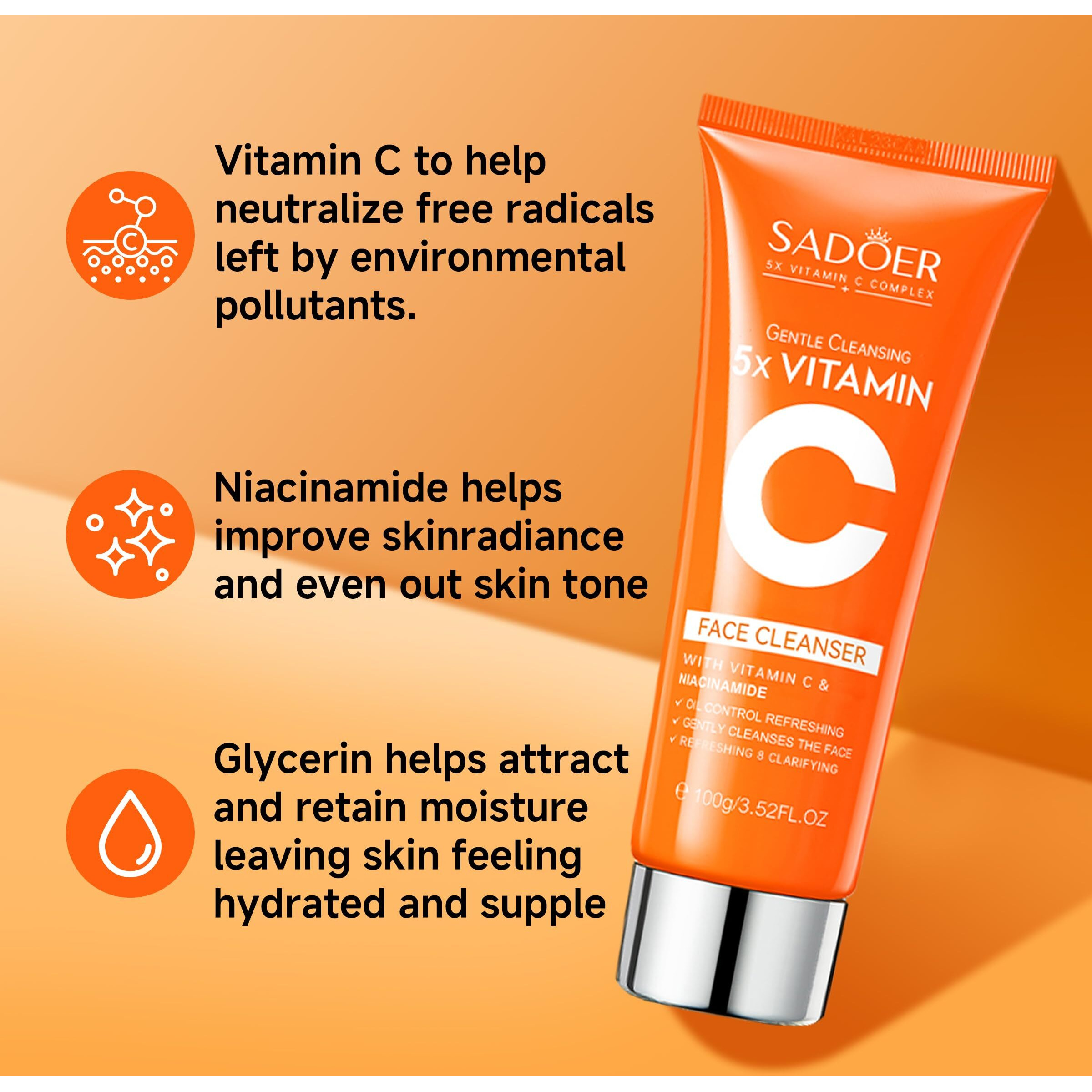 5X Vitamin C Face Cleanser 100G ,Sadoer Facial Cleanser Niacinamide & Hyaluronic Acid, Gentle Pore Refining Daily Wash For Oily &Dull Skin,Clear,Oil Balancing, Popular Skincare Gift Women