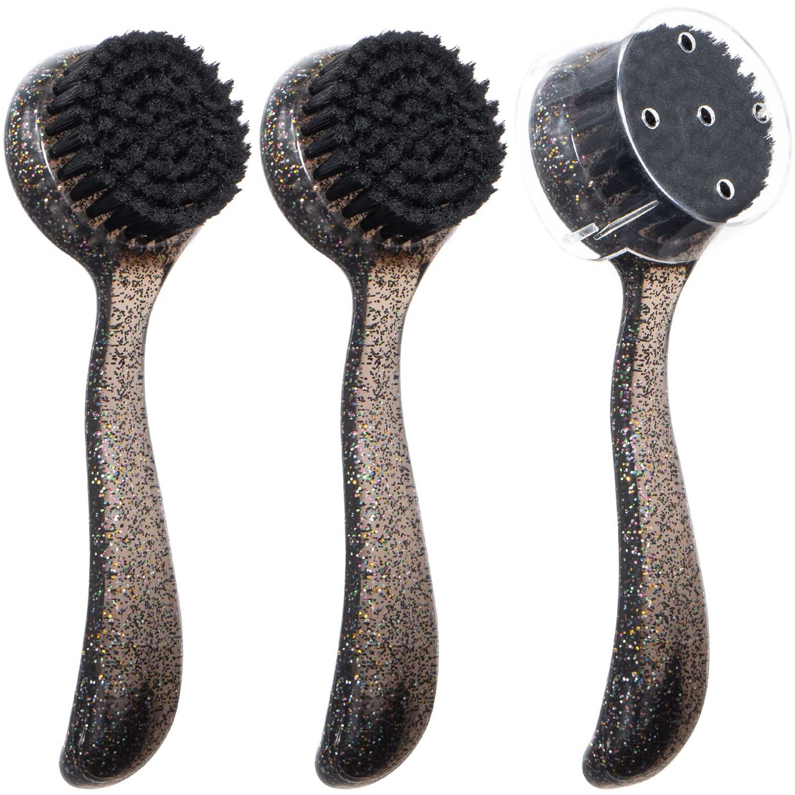 3 Pcs Large Handheld Face Scrubber, Beomeen Facial Cleansing Brush Charcoal Black Bristles Face Exfoliator Cleaner Soft Brush With Lid For Gentle Deep Cleansing And Exfoliating (Black-Glitter)