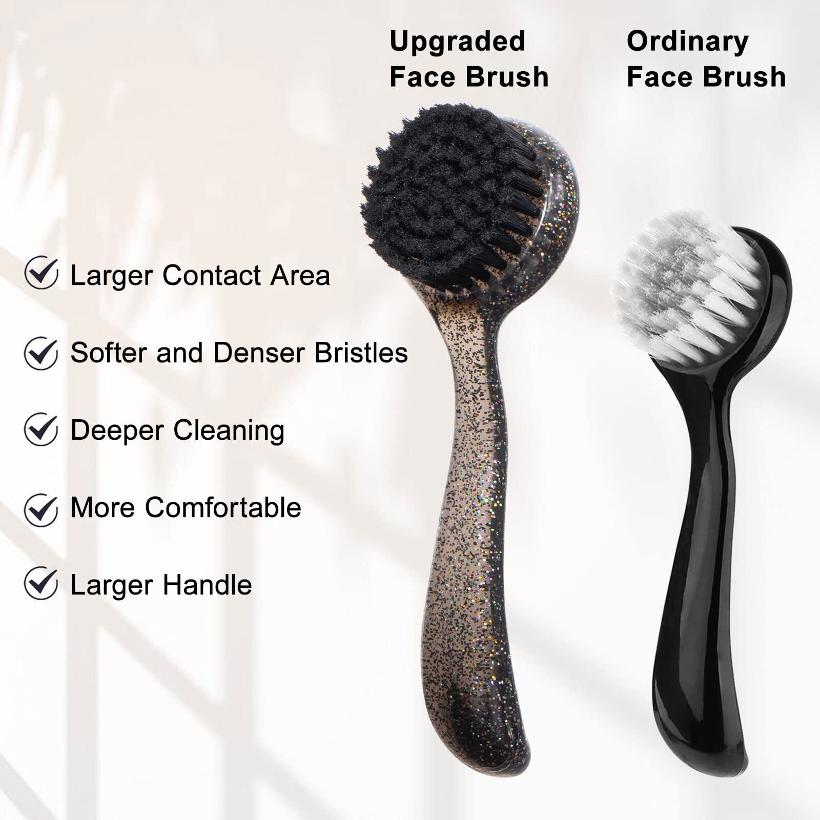 3 Pcs Large Handheld Face Scrubber, Beomeen Facial Cleansing Brush Charcoal Black Bristles Face Exfoliator Cleaner Soft Brush With Lid For Gentle Deep Cleansing And Exfoliating (Black-Glitter)