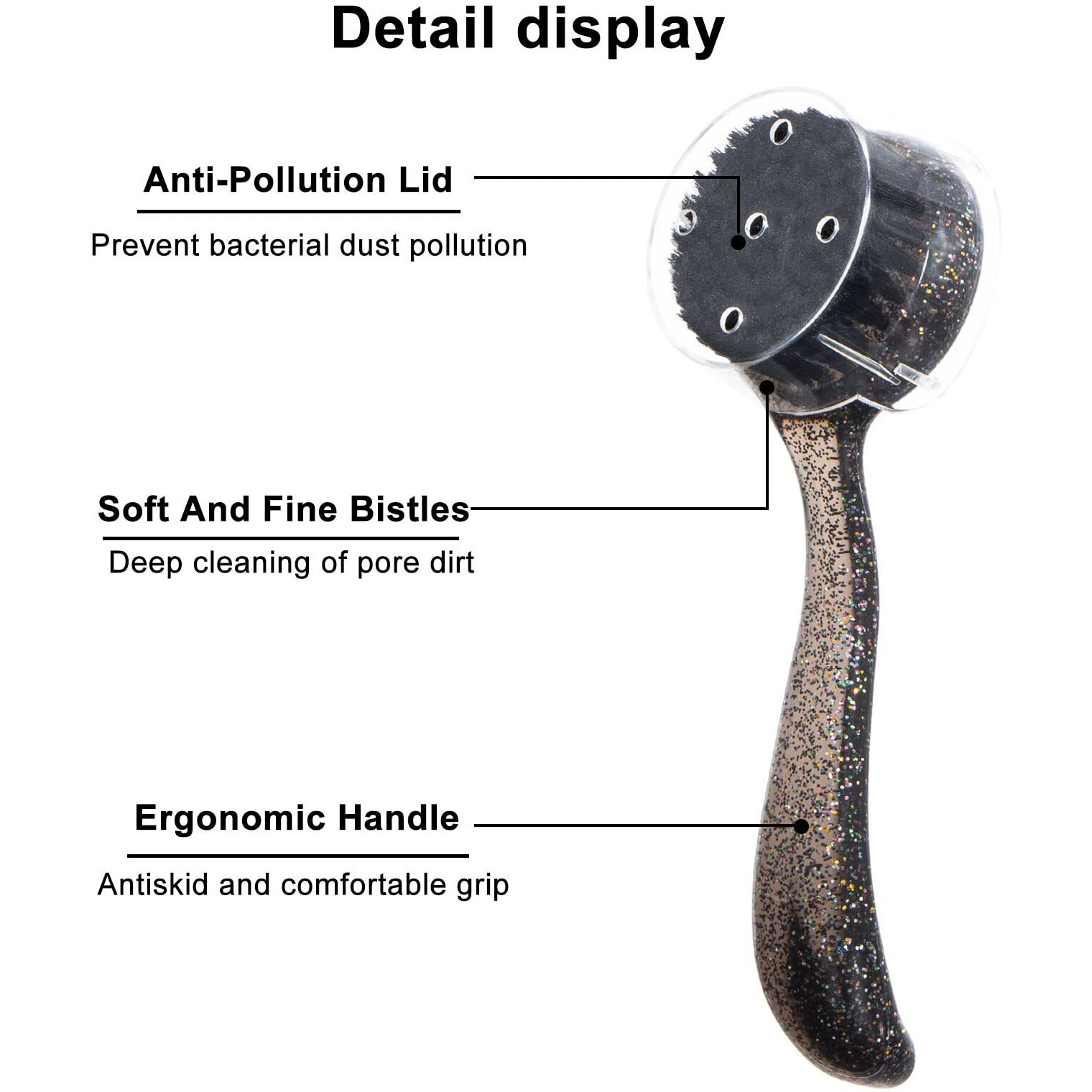 3 Pcs Large Handheld Face Scrubber, Beomeen Facial Cleansing Brush Charcoal Black Bristles Face Exfoliator Cleaner Soft Brush With Lid For Gentle Deep Cleansing And Exfoliating (Black-Glitter)