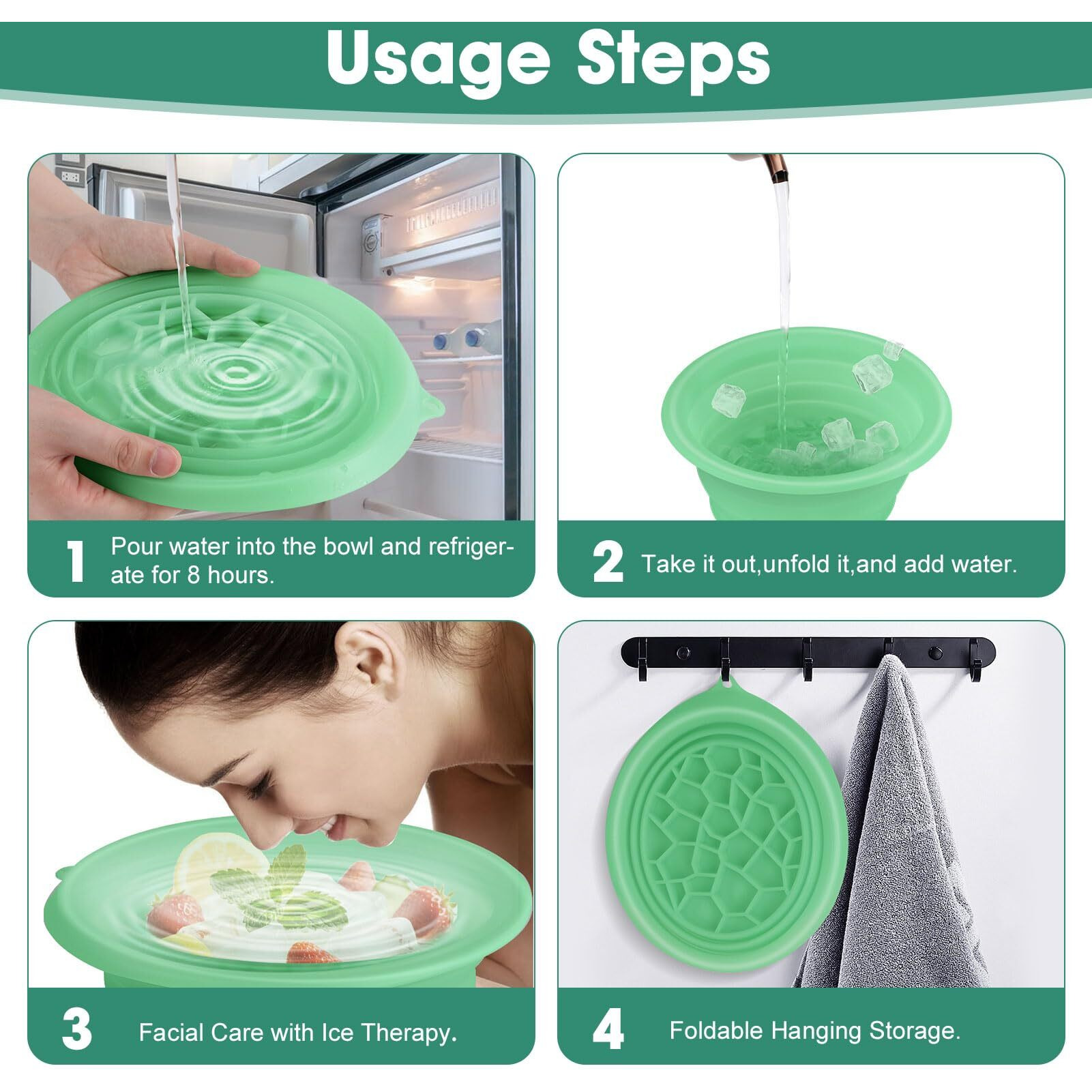 Face Bowl For Ice With Built-In Ice Tray Collapsible Silicone Facial Face Ice Bath Bowl Small Reusable Cold Plunge Basin Is Portable,Perfect For Home Use,Camping,Travel Cold Bath Spa Tool & Green