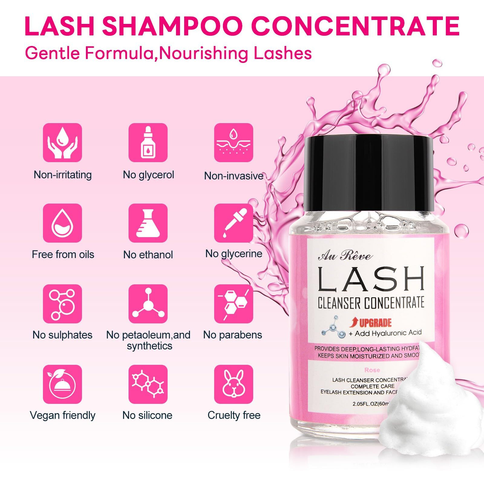 Aureve Lash Shampoo Concentrate 60Ml Lash Cleanser Concentrate Add Hyaluronic Acid Perfect For Salon-Get, Can Make 360Ml Eyelash Cleaning Shampoo,Rose