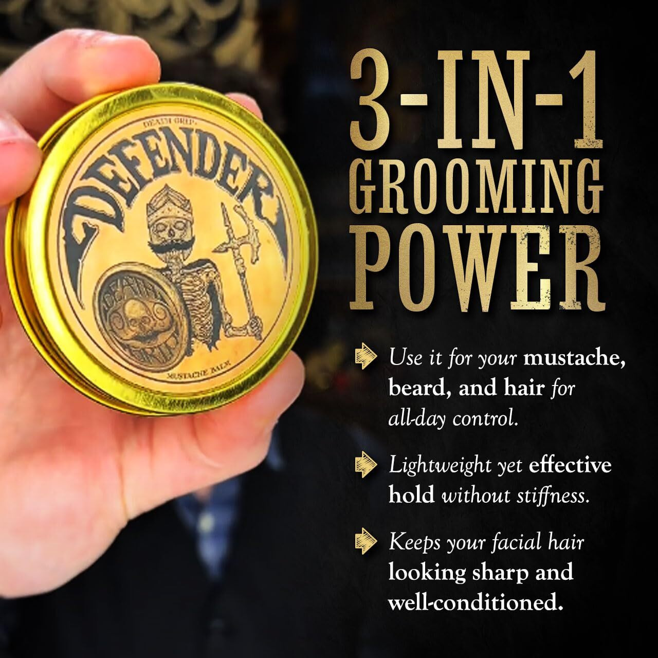 Mustache Balm For Men - Light To Medium Hold Beard & Moustache Wax - Natural Styling & Conditioning Grooming Kit - Soften & Shape Facial Hair 2Oz - Death Grip