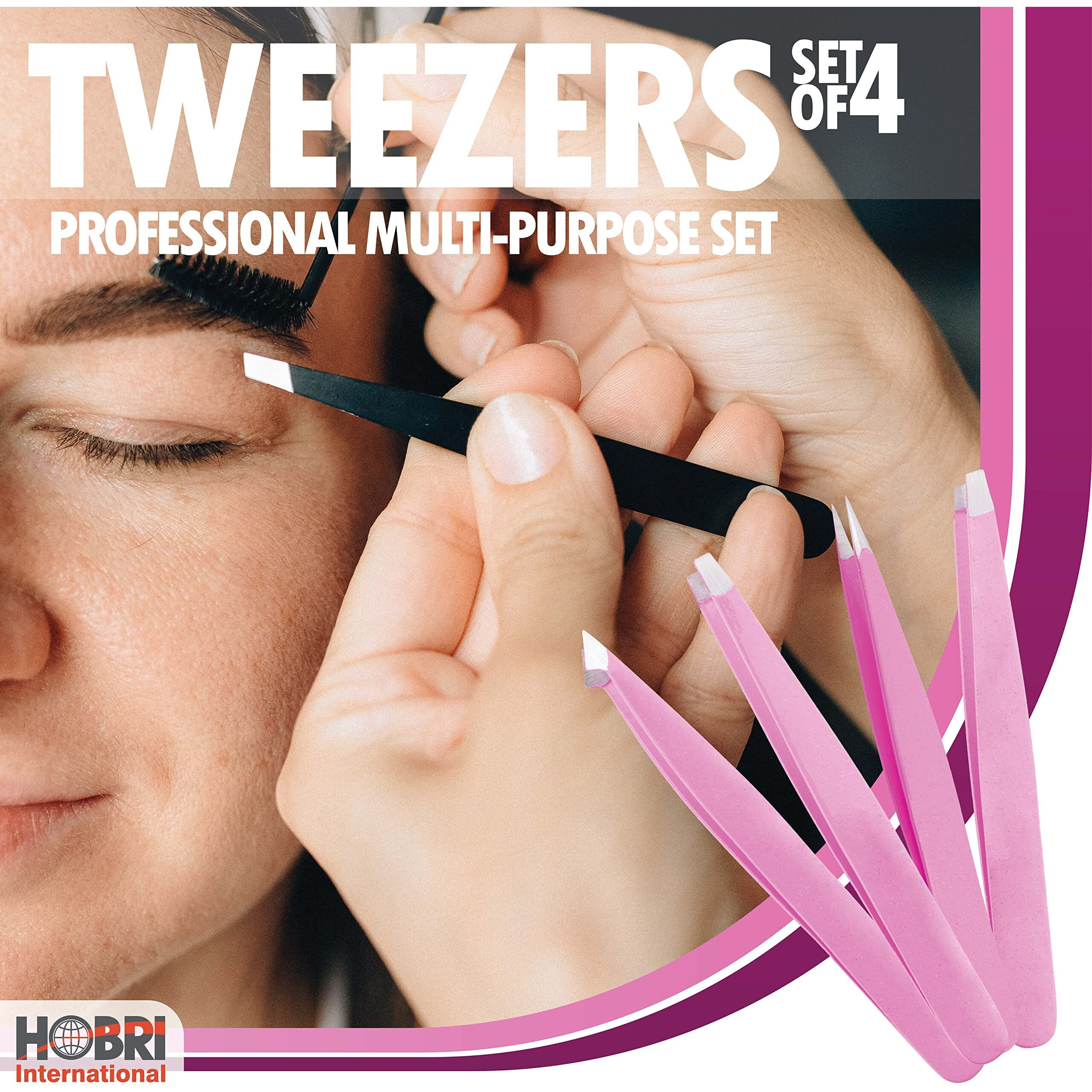 Tweezers Set, Eyebrows Tweezers Set Professional Stainless Steel Tweezers Set - 4 Pieces With Leatherette Travel Case Perfect For Facial Hair, Beauty And Personal Care Tool (Plane Pink)