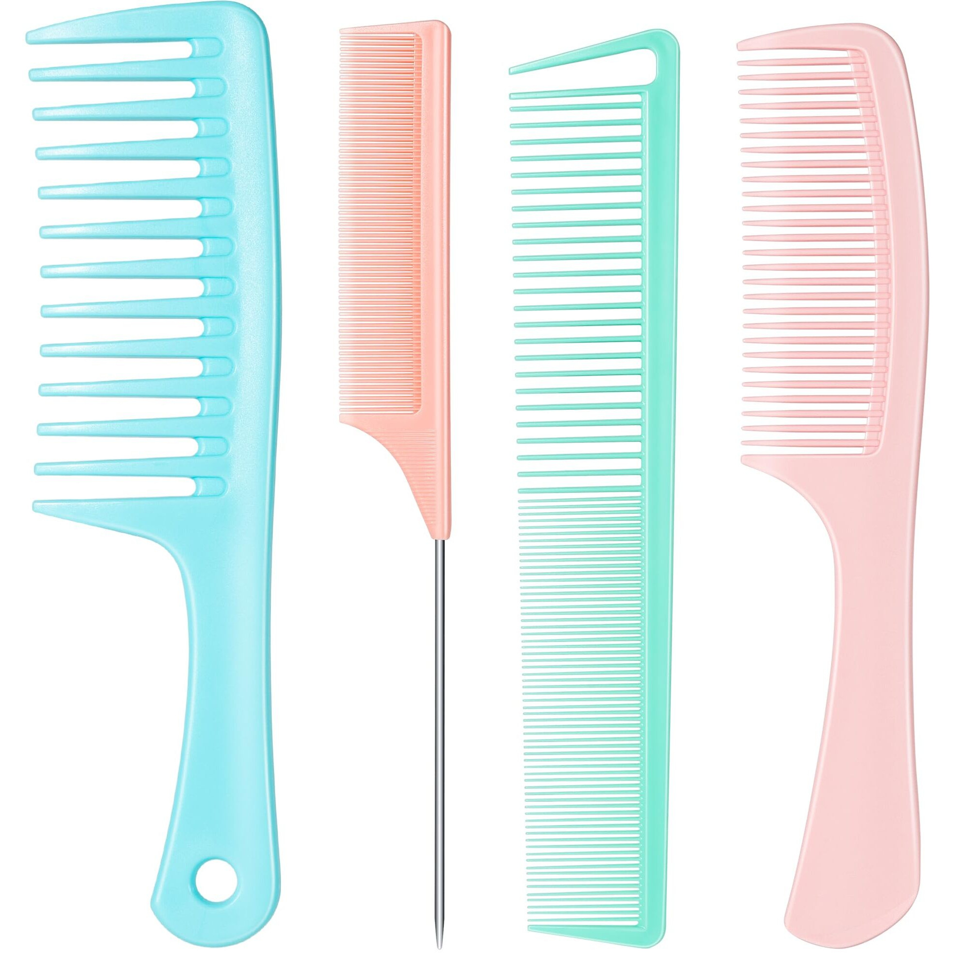 Salonsilk Dopamine Colorful 4Pcs Professional Comb Set, Wide Tooth Rat Tail Fine Tooth Hair Combs, Braiding Cutting Barber Styling Curly Parting Set For Men And Women