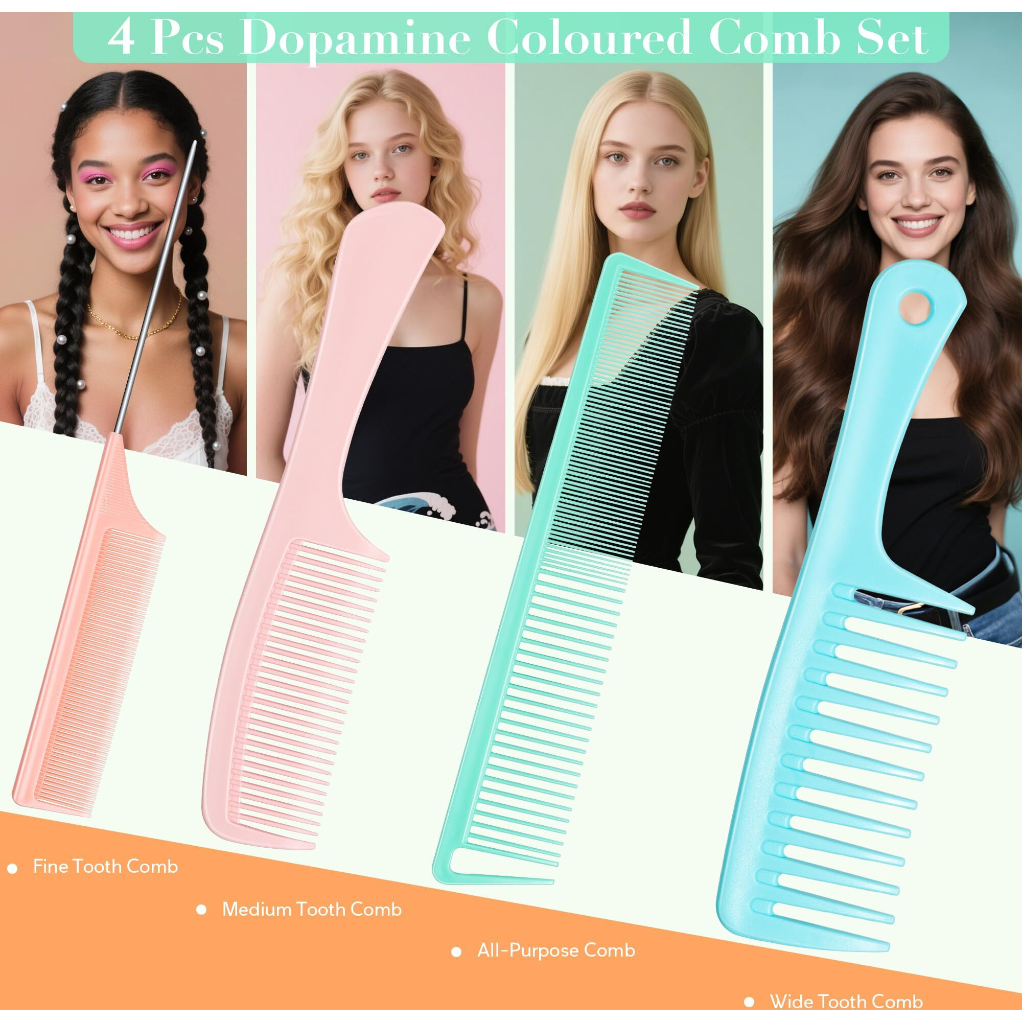 Salonsilk Dopamine Colorful 4Pcs Professional Comb Set, Wide Tooth Rat Tail Fine Tooth Hair Combs, Braiding Cutting Barber Styling Curly Parting Set For Men And Women