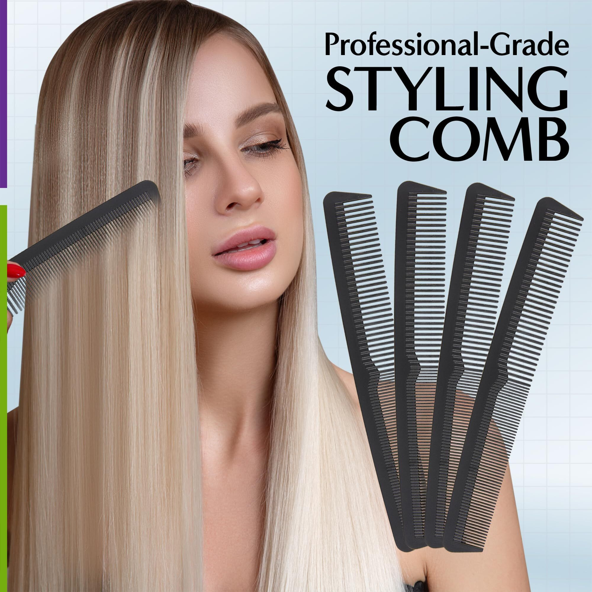 Professional Grade Styling Comb Set - 4 Pack Premium Carbon Fiber 7"" Comb - Heat Resistant, Fine And Wide Tooth, Anti Static - Salon Quality Hair Styling Accessories For Home Or Barber