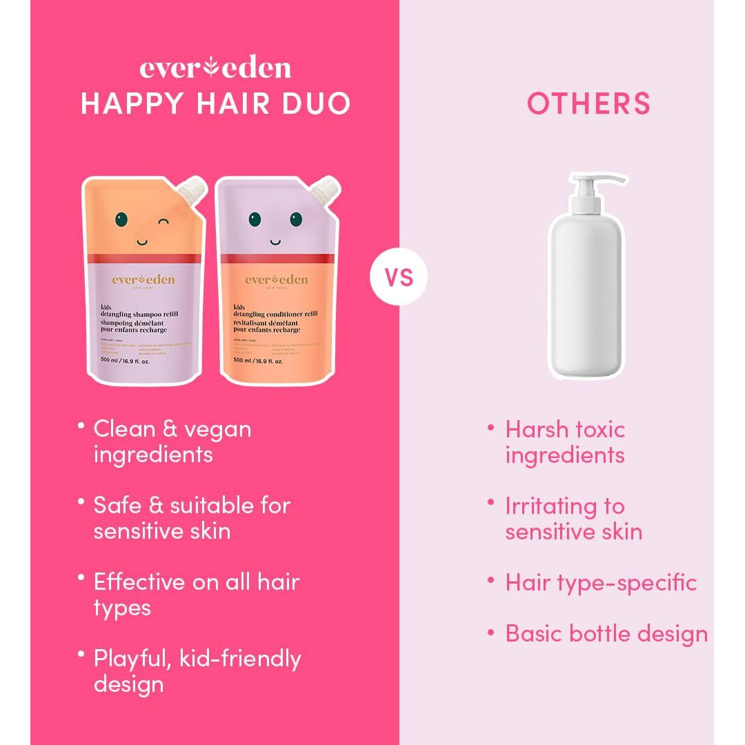 Evereden Kids Haircare Set (Refill) Hair Detangling Shampoo & Conditioner For Children Ages 3+, Plant Protein Peptides & Argan Oil, Vegan, Free From Sulfate, Paraben, Phthalate & Petrolatum