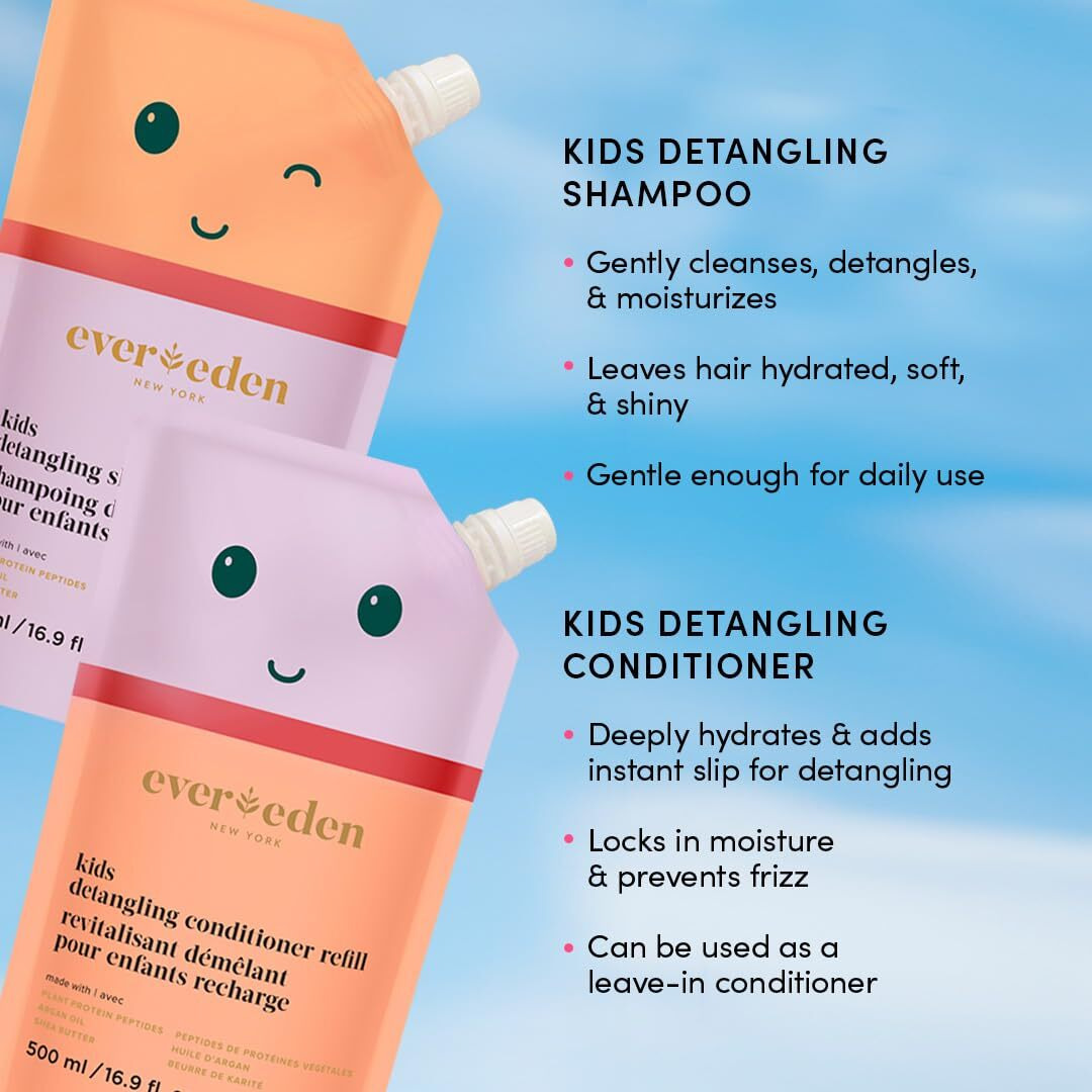 Evereden Kids Haircare Set (Refill) Hair Detangling Shampoo & Conditioner For Children Ages 3+, Plant Protein Peptides & Argan Oil, Vegan, Free From Sulfate, Paraben, Phthalate & Petrolatum