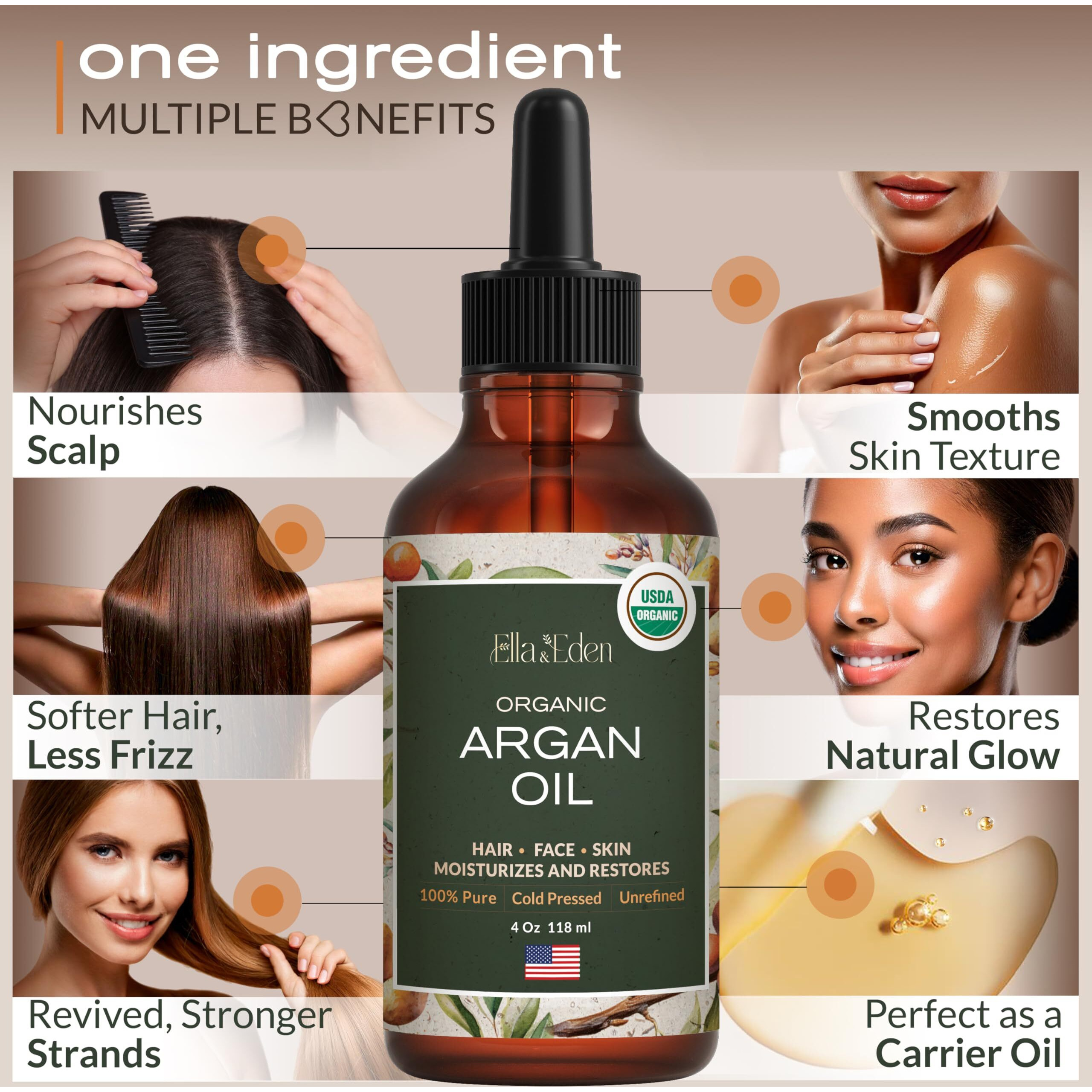 Ella & Eden Organic Argan Oil For Hair, Face & Skin | Moroccan Argan Oil, Usda Certified, 100% Pure, Cold-Pressed, Unrefined, Glass Bottle - 4 Oz