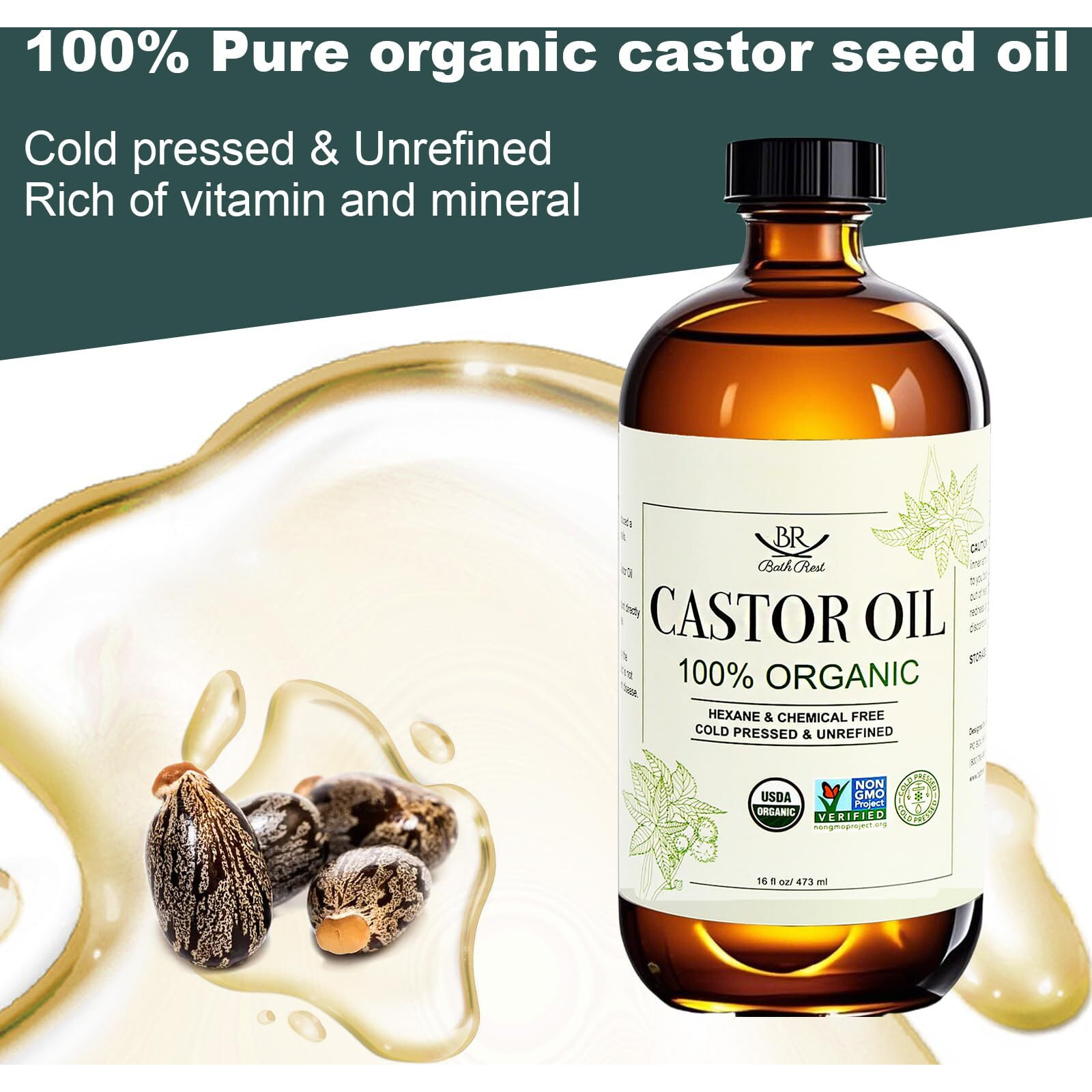 Castor Oil Organic Cold Pressed Unrefined Glass Bottle 100% Pure For Hair Growth Eyelashes Brows Castor Oil Packs, Natural Skin Moisturizer, Usda Certified Hexane Free Vegan 16 Oz (473Ml)