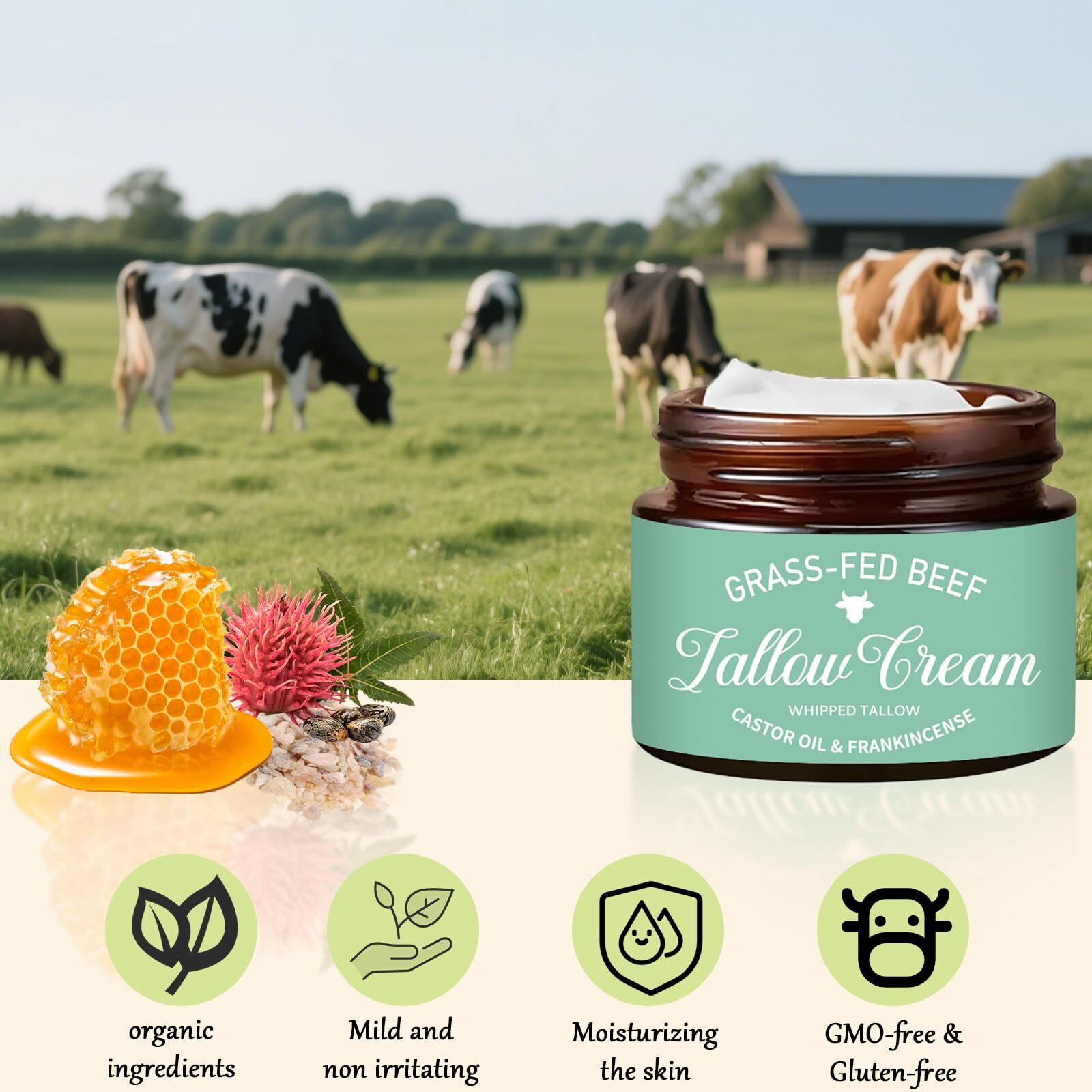 Nichalous Organic Grass Fed Whipped Tallow Cream With Castor Oil & Frankincense Oil, All-Natural Moisturizer, Hydrating Beef Tallow Moisturizer Cream And Manuka Honey Balm For Skin (1)