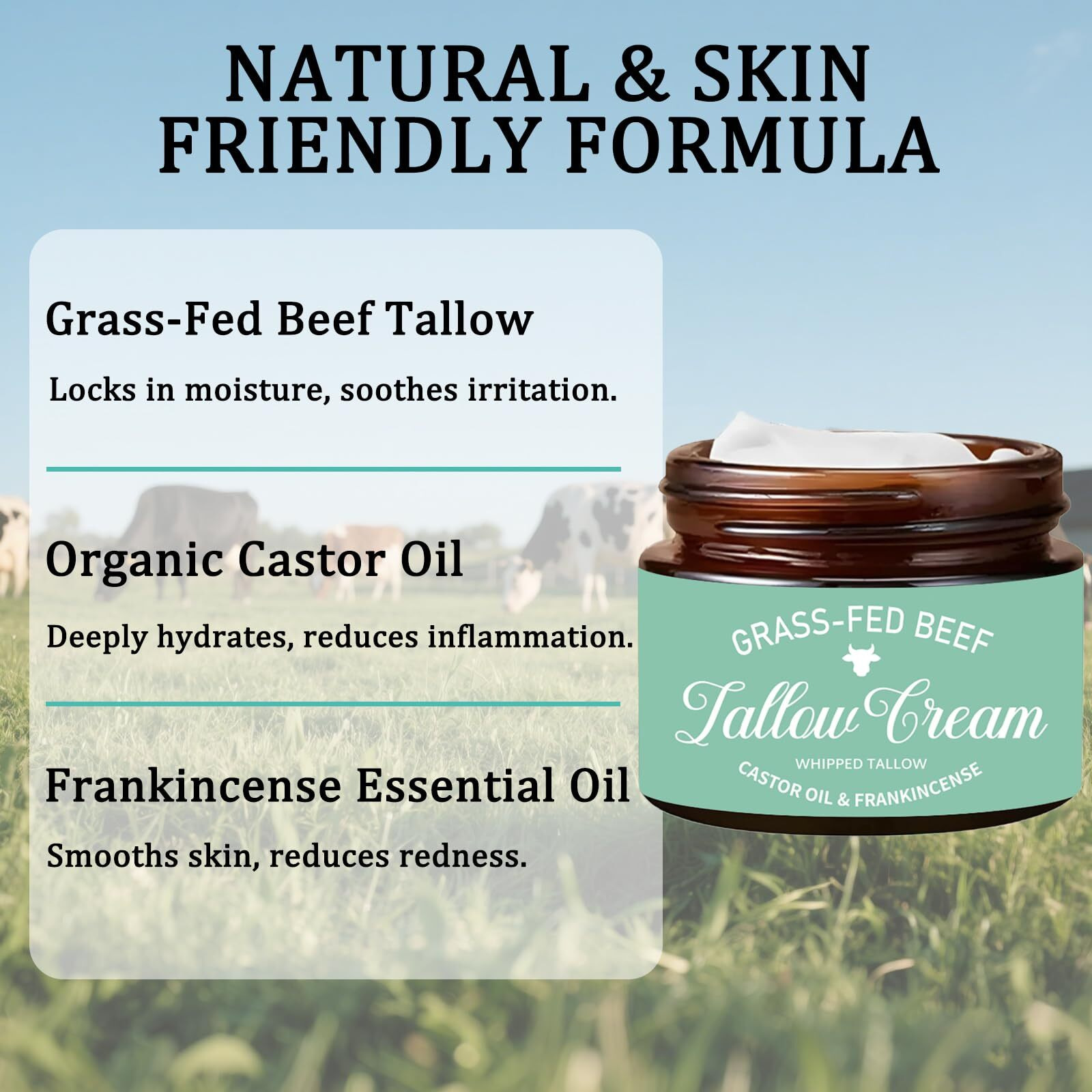 Nichalous Organic Grass Fed Whipped Tallow Cream With Castor Oil & Frankincense Oil, All-Natural Moisturizer, Hydrating Beef Tallow Moisturizer Cream And Manuka Honey Balm For Skin (1)
