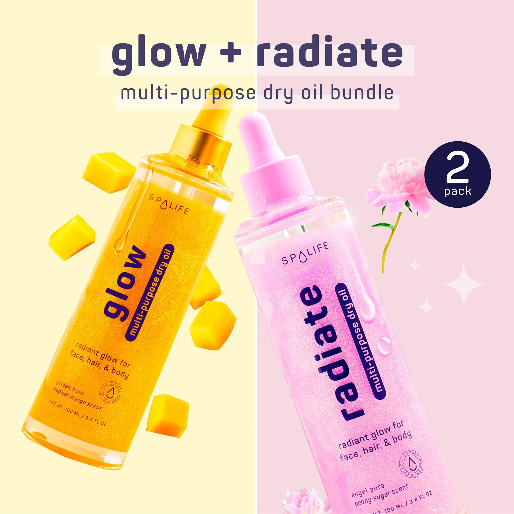 Spalife Beauty Radiate & Glow Shimmer Oil Bundle - Dry Oil Duo With Subtle & Noticeable Shimmer - Mango & Peony Scents - Hydrating, Lightweight Moisture