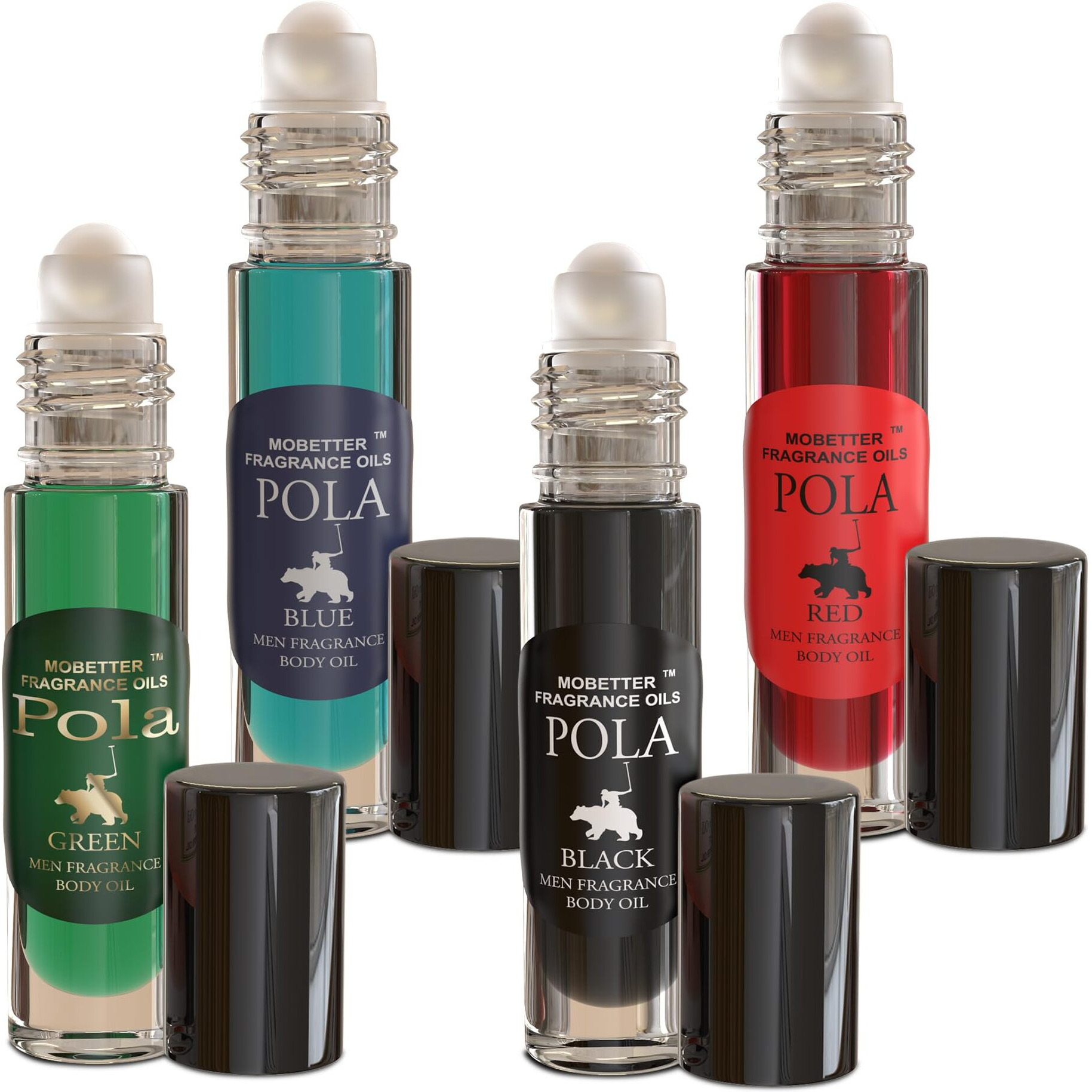 Mobetter Fragrance Oils Pola Men Cologne Body Oil Set 4 Piece 1/3 Oz Roll On Glass Bottles