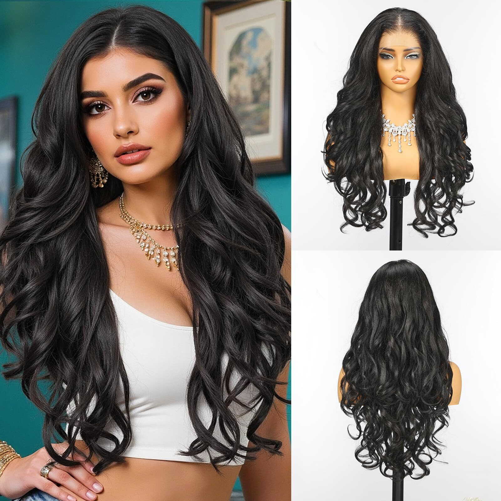 Allbell 13X6 Glueless Hd Lace Wigs,Synthetic Lace Front Wig For Black Women,24Inch Natural Black Body Wave Hair Replacement