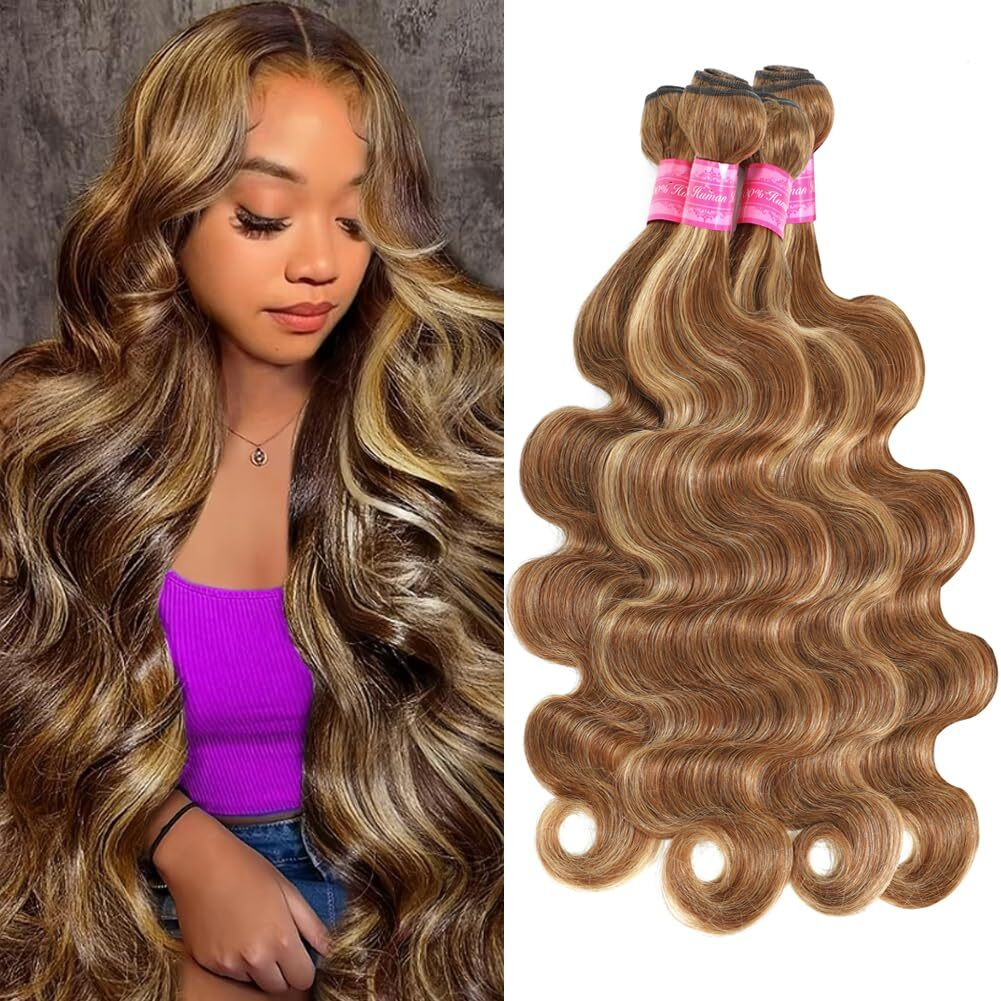 Ombre Highlight Bundles Body Wave Human Hair 12A Brazilian Hair Body Weave 4/27 Colored Brown To Blonde 100% Unprocessed Virgin Hair Wave Extensions For Women (18 20 22 24Inch)