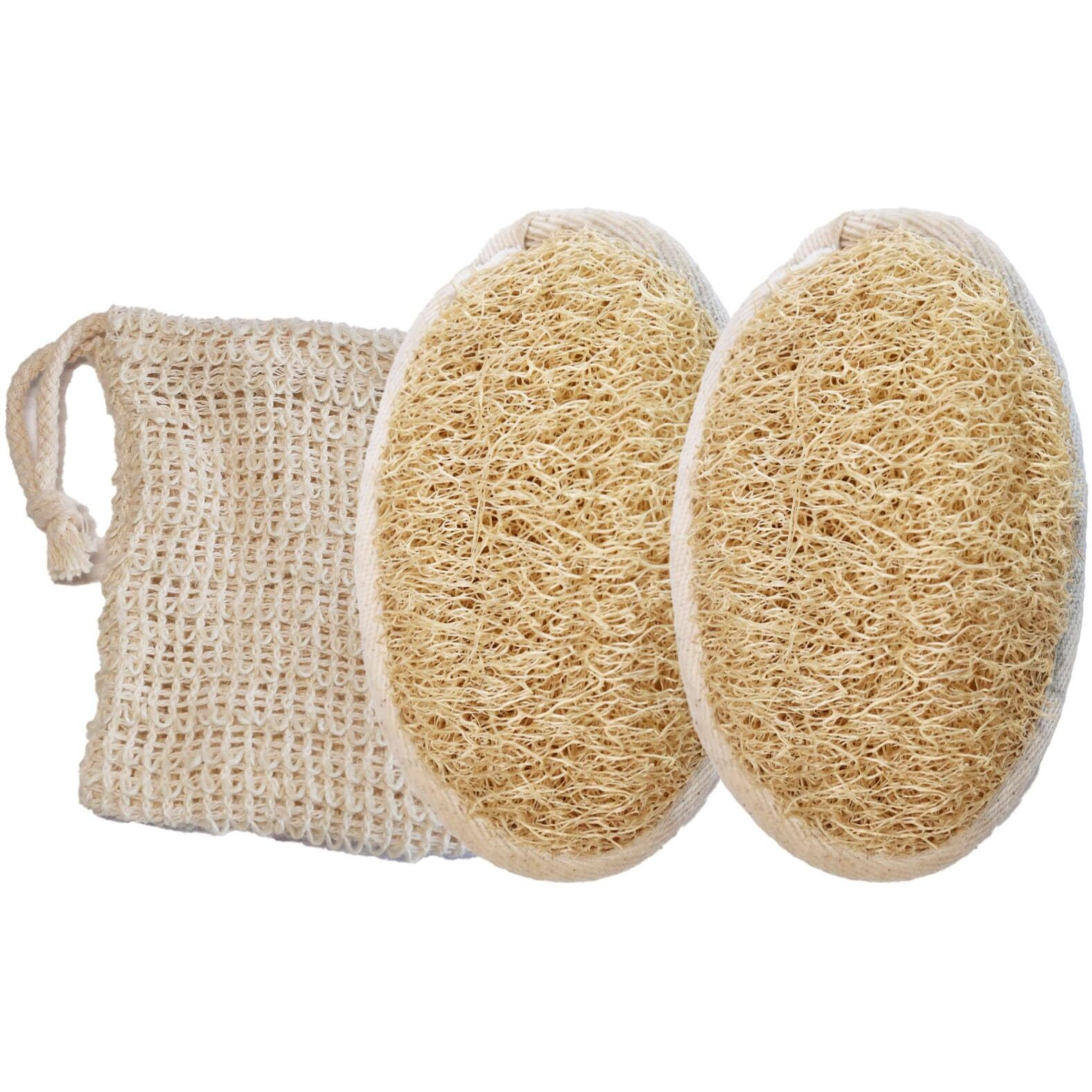 Jouiisiya Natural Loofah Pack With Soap Bag, Body Exfoliating Back Scrubber For Shower, Back Loofah Sponge For Women And Men, 3-Pcs