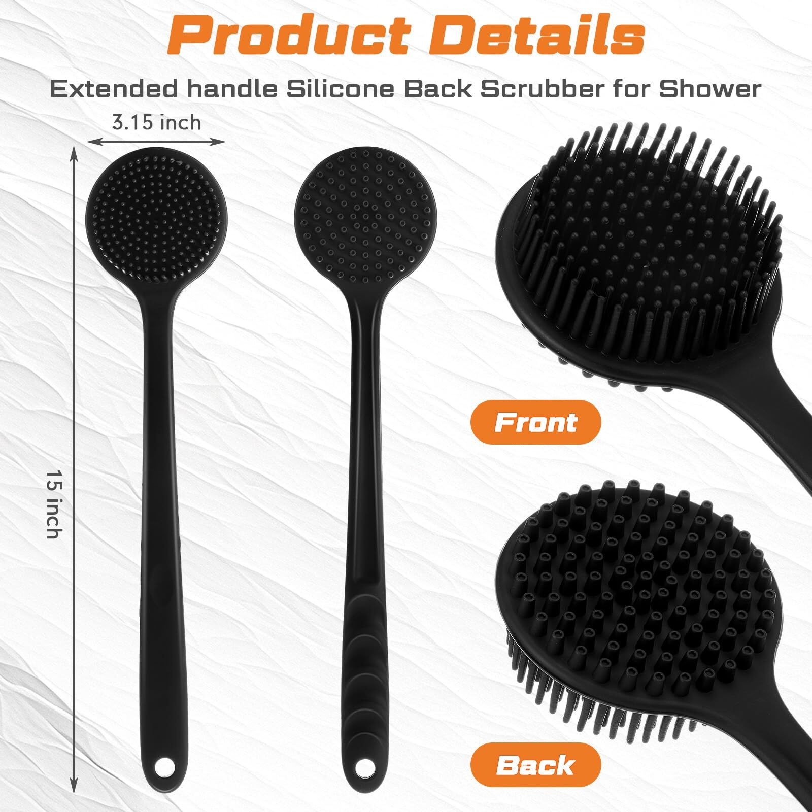 Sunnyray 2 Pack 15 Inch Soft Silicone Back Scrubber With Long Handle, Scrubber Anti Slip For Shower, Bath Body Brush, Improved Skin Health Can Produce Foam For Men And Women(Black)