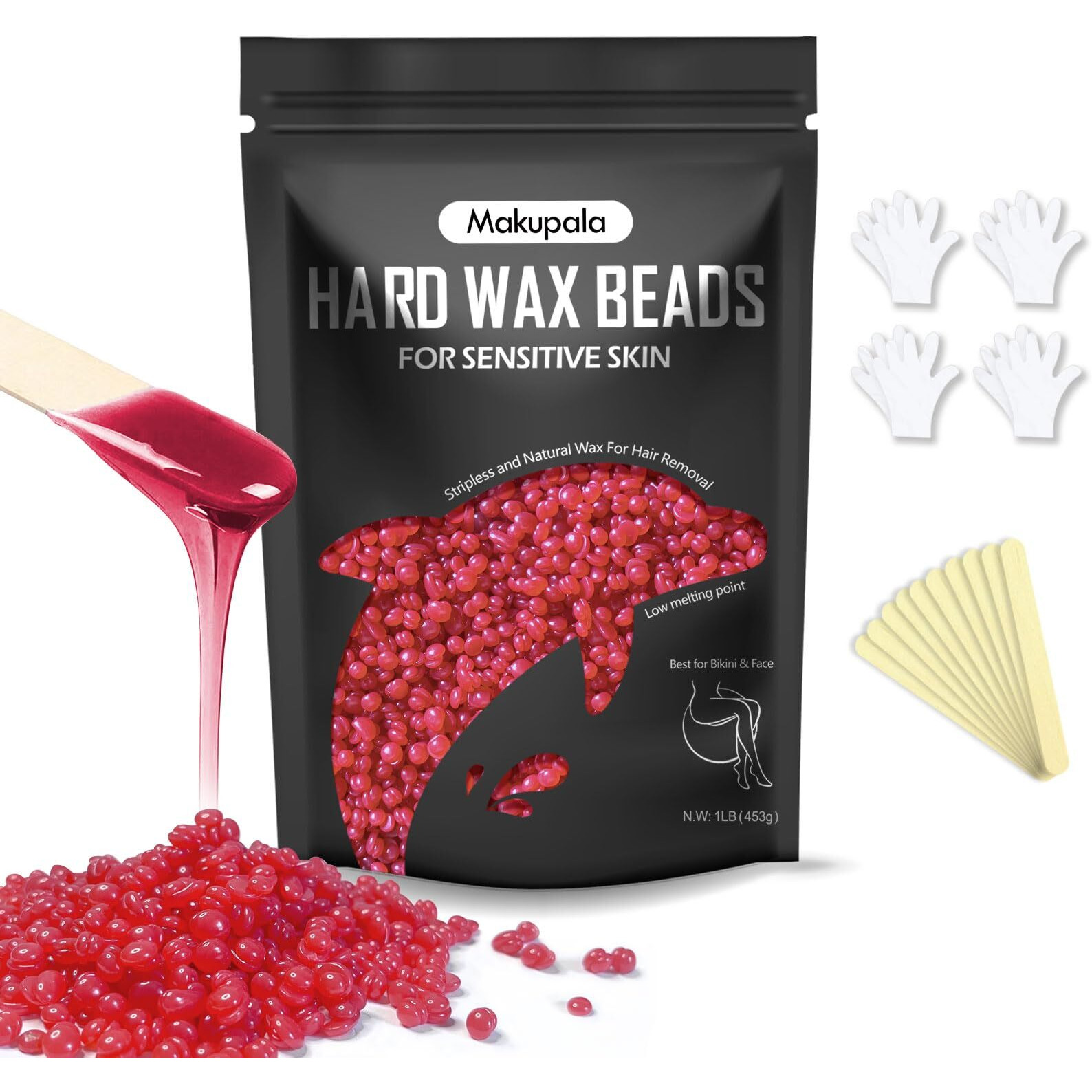 Makupala Hard Wax Beads, Unscented Stripless Wax Bead Coarse Hair Removal For Sensitive Skin Brazilian Waxing, Bikini, Body, Back, Chest, Leg, Armpit, Face (Red, 32 Ounce (Pack Of 1))