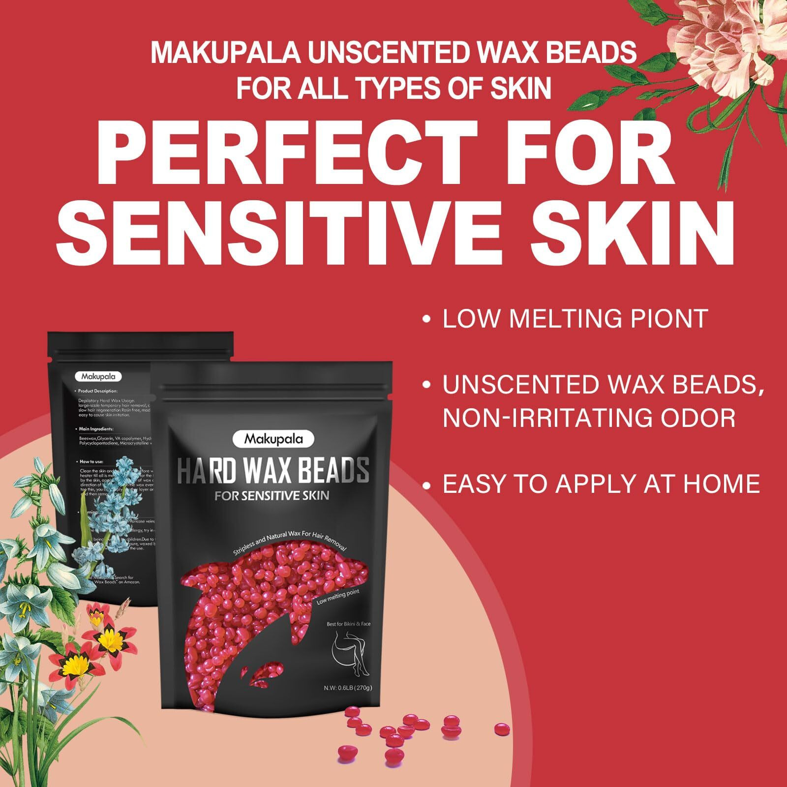 Makupala Hard Wax Beads, Unscented Stripless Wax Bead Coarse Hair Removal For Sensitive Skin Brazilian Waxing, Bikini, Body, Back, Chest, Leg, Armpit, Face (Red, 32 Ounce (Pack Of 1))