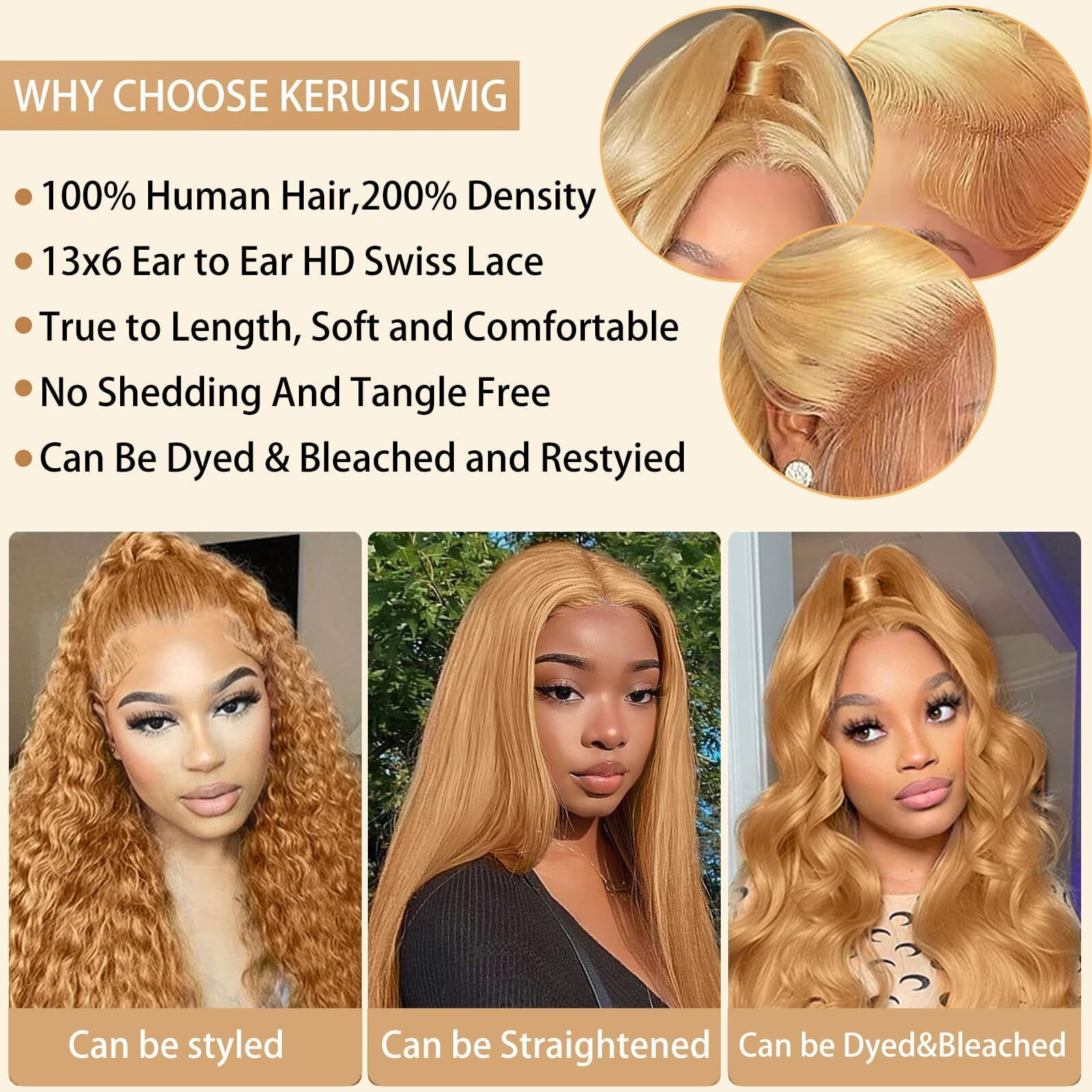Keruisi 28 Inch Honey Blonde Wig Human Hair 200% Density 13X6 Body Wave Pre Plucked Glueless Hd Transparent Lace Frontal Human Hair