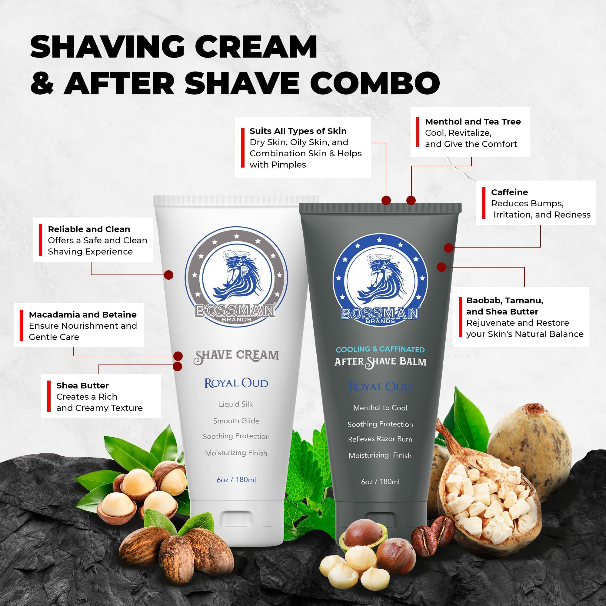 Bossman Silk Lotion Shaving Cream & Cooling After Shave For Men Combo - Shave Cream & After Shave Balm For Men (Royal Oud Scent)