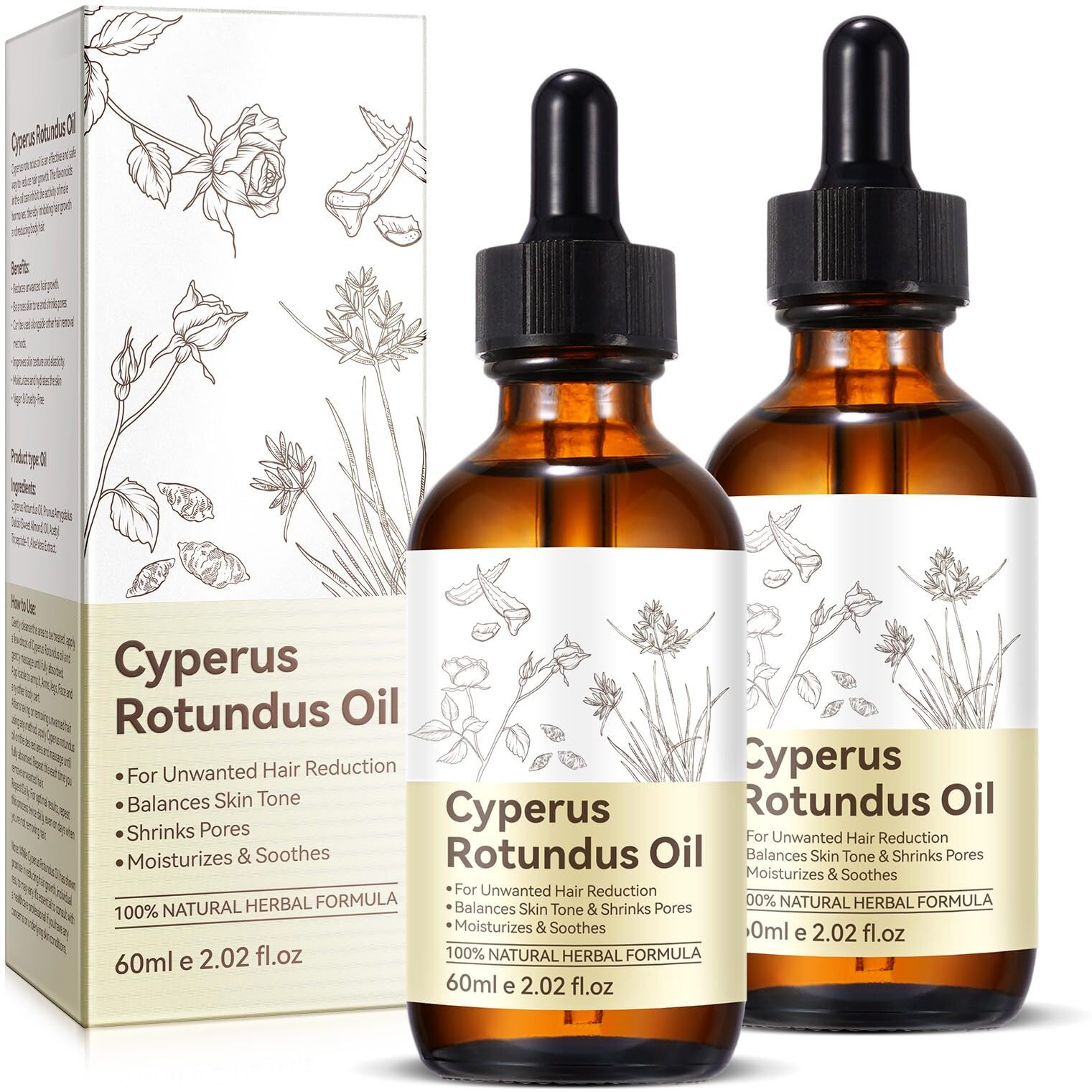 Cyperus Rotundus Oil For Hair Removal, Natural Nut Grass Cyperus Oil For Reducing Body Hair Growth, Moisturizes & Soothes Skin, Suitable For All Skin Types (Pack Of 2-4.04 Fl.Oz)