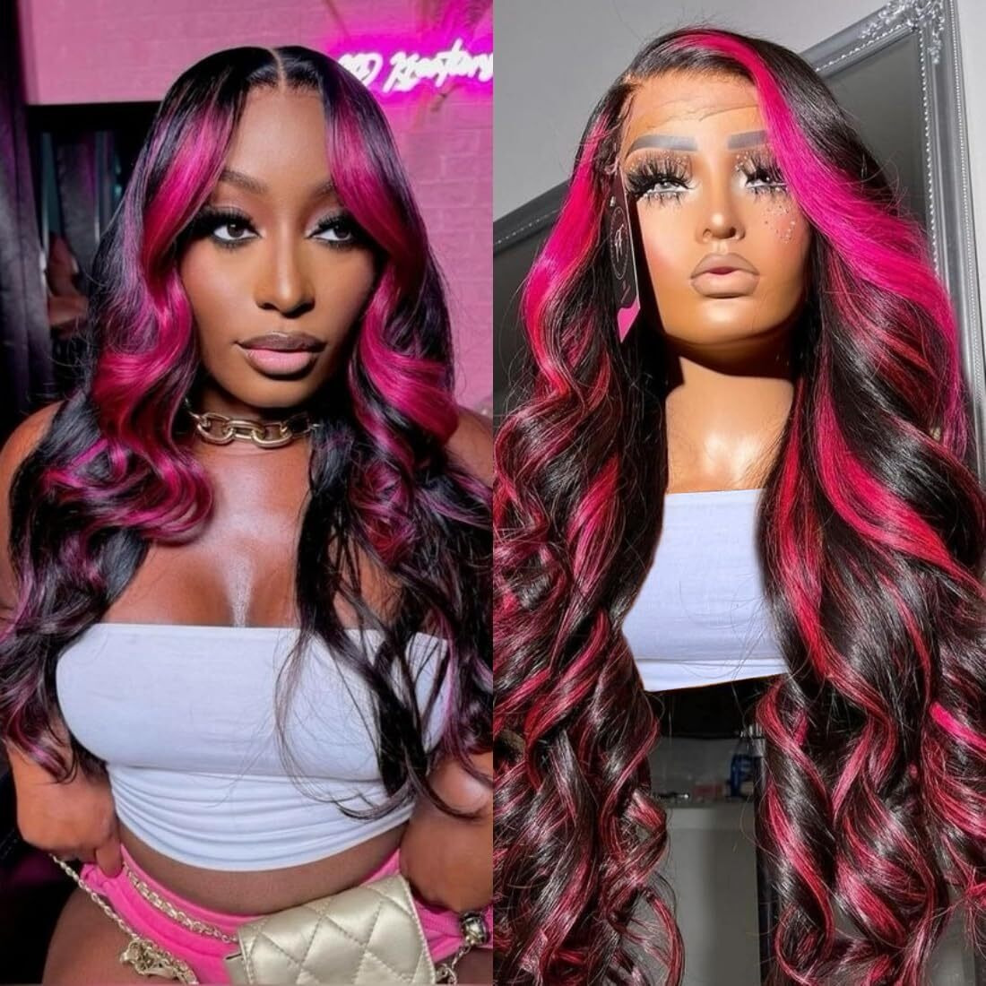 Agairl Highlight Wig Human Hair 13X6 Pink And Black Wigs 210% Density 1B/Pink Ombre Body Wave Lace Front Wigs Human Hair Pre Plucked Hd Lace Frontal Wig Pink And Black Wig 24 Inch