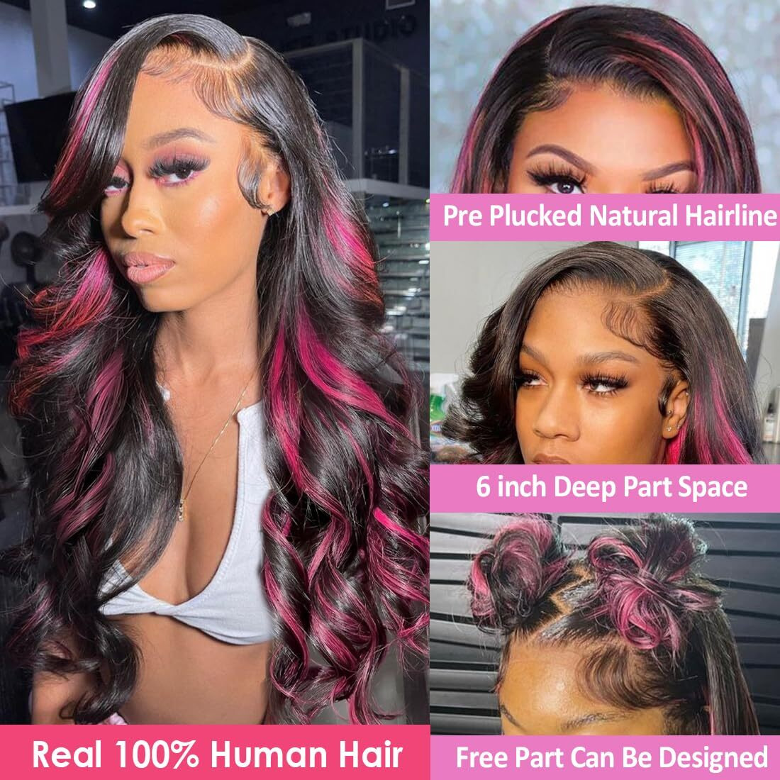 Agairl Highlight Wig Human Hair 13X6 Pink And Black Wigs 210% Density 1B/Pink Ombre Body Wave Lace Front Wigs Human Hair Pre Plucked Hd Lace Frontal Wig Pink And Black Wig 24 Inch